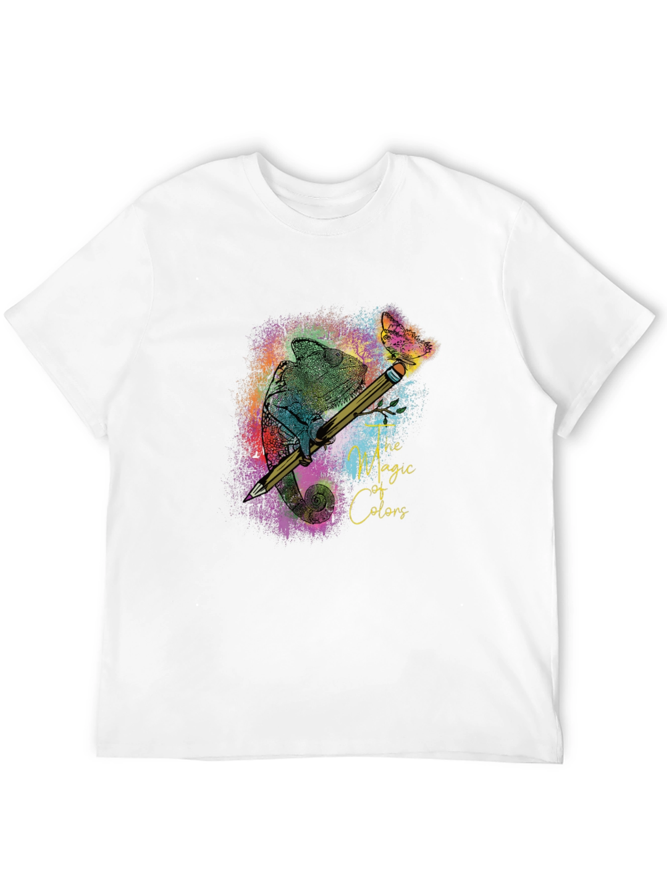 Black The Magic of Colors T-Shirt: Chameleon & Pencil Design view 12