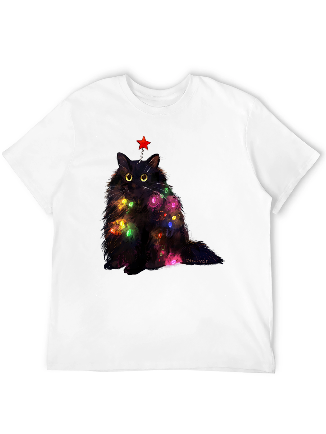 Black Festive Feline T-Shirt: Christmas Cat with Lights view 12