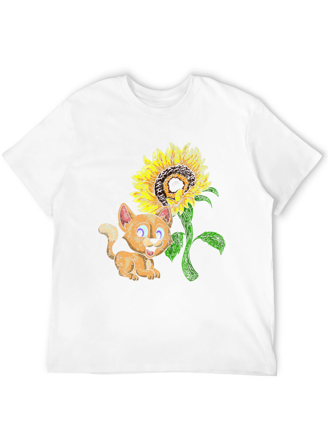 Black Cute Cartoon Cat & Sunflower Black T-Shirt view 12