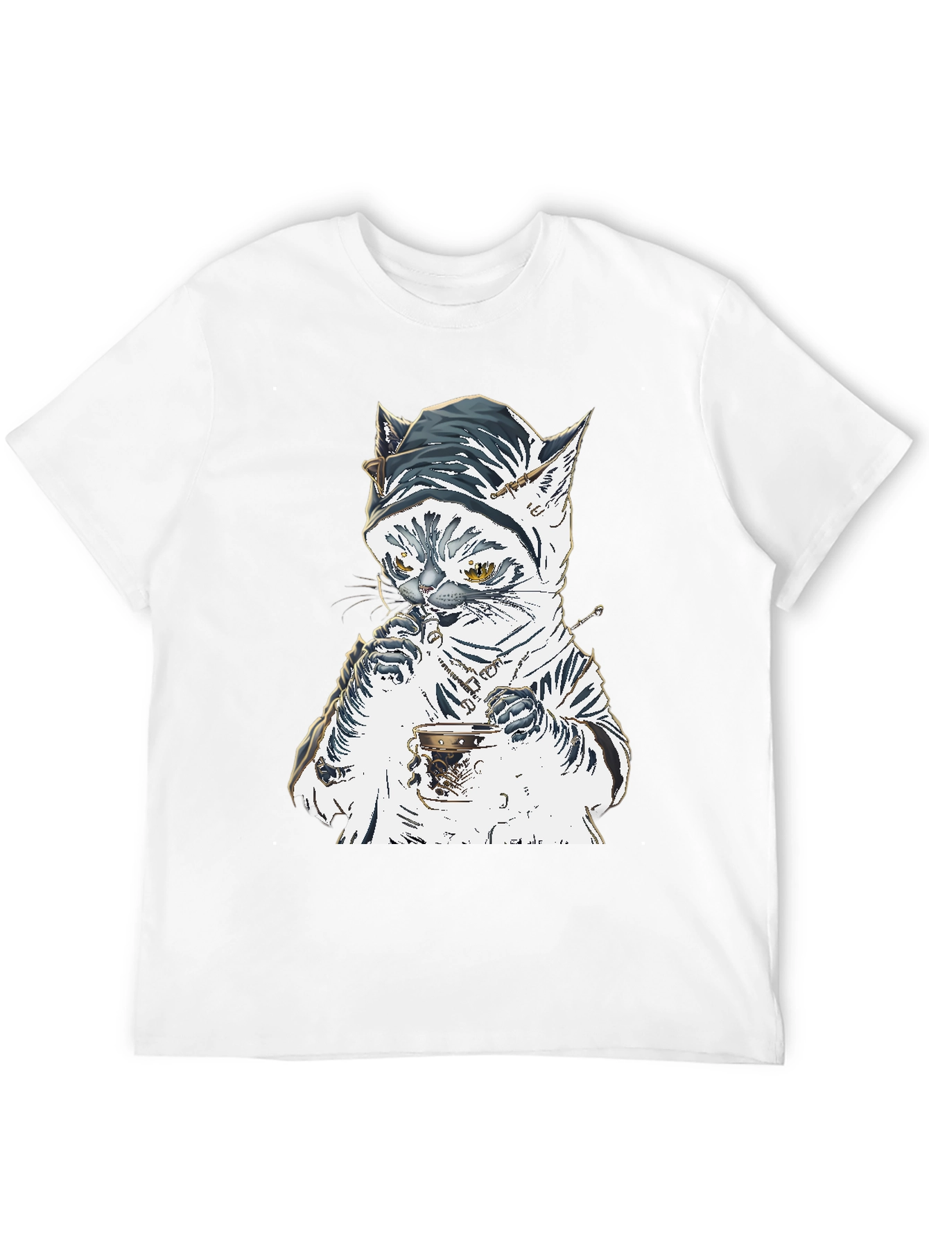 Black Cat T-Shirt: Sophisticated Feline Tea Time view 12