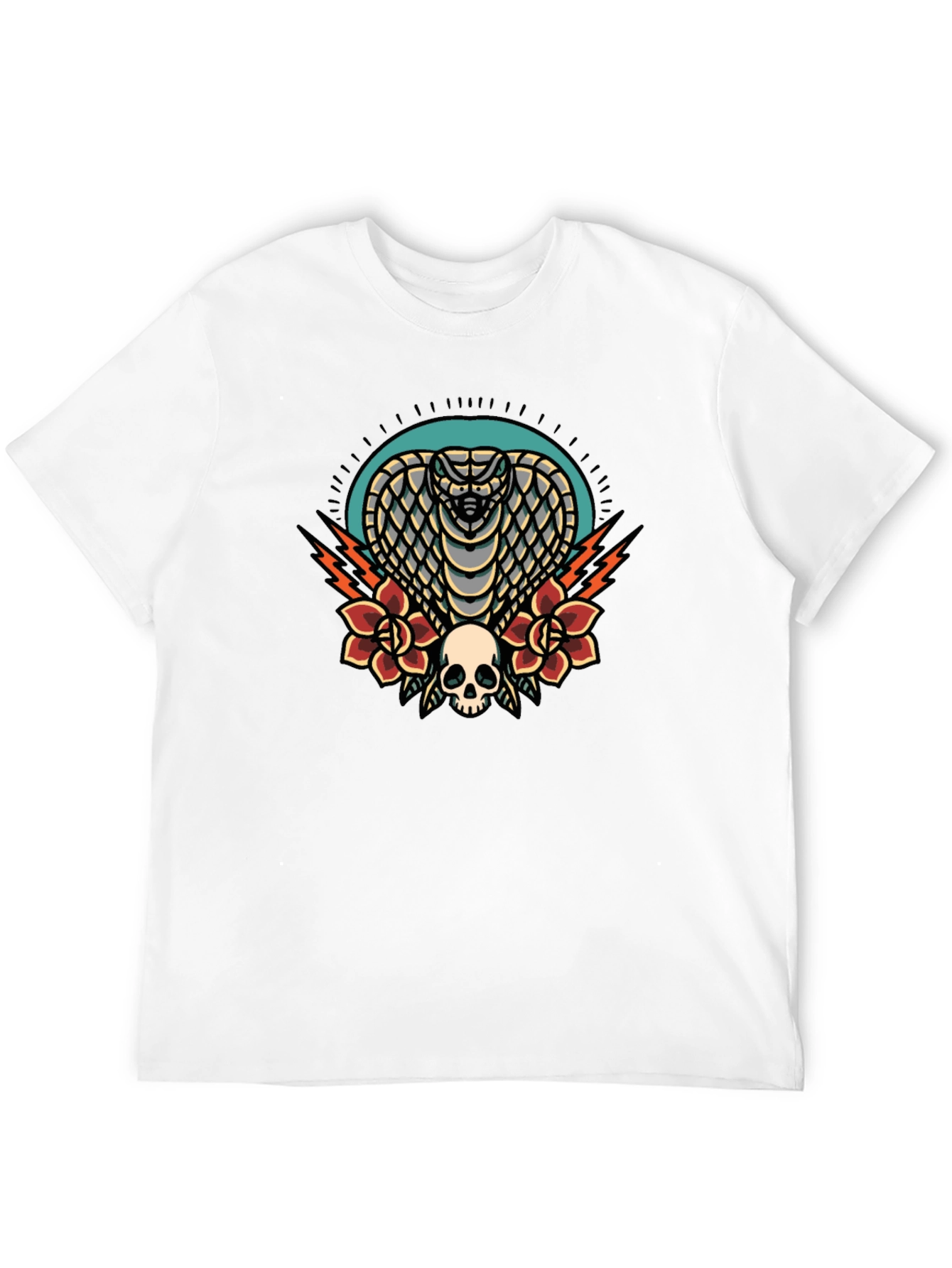 Black Cobra Skull Rose Graphic Tee - Black Cotton T-Shirt view 12