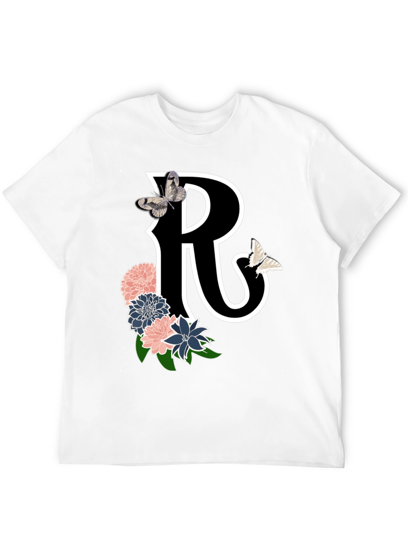Black Letter R Floral Butterfly Black T-Shirt view 12