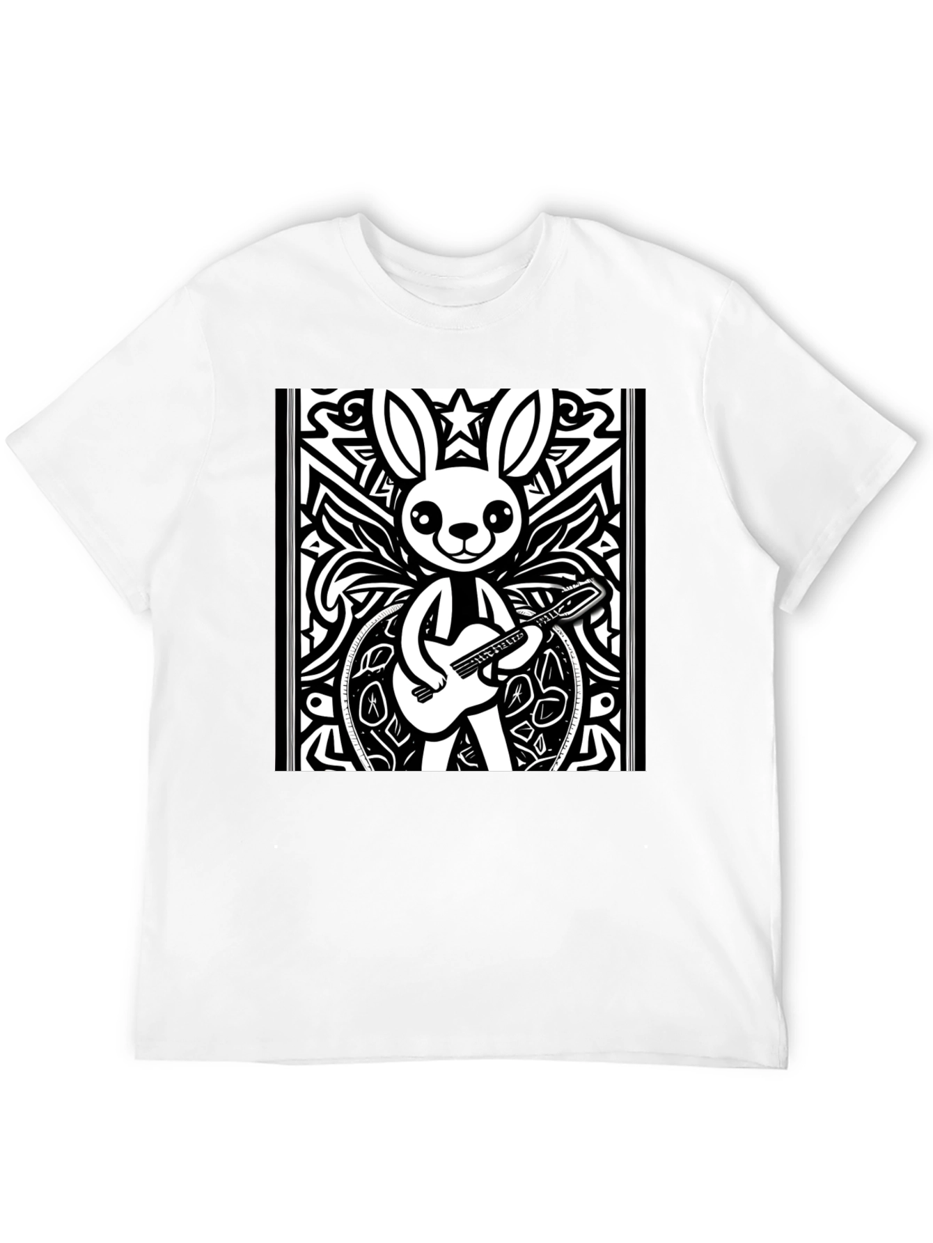 Black Cartoon Rabbit Guitarist Black T-Shirt view 12