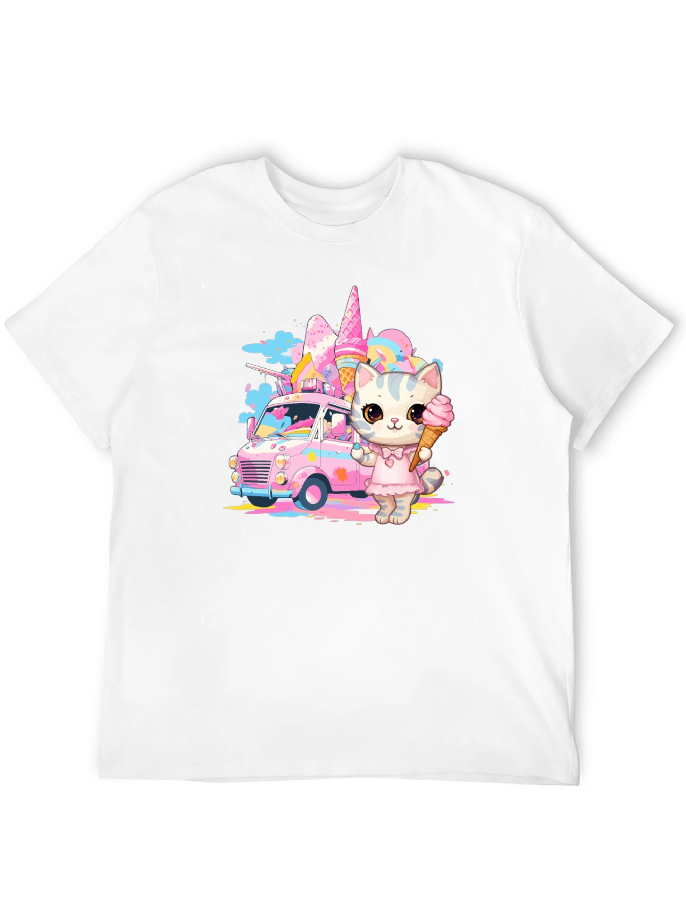 Black Cute Cat Ice Cream Truck Graphic T-Shirt view 12