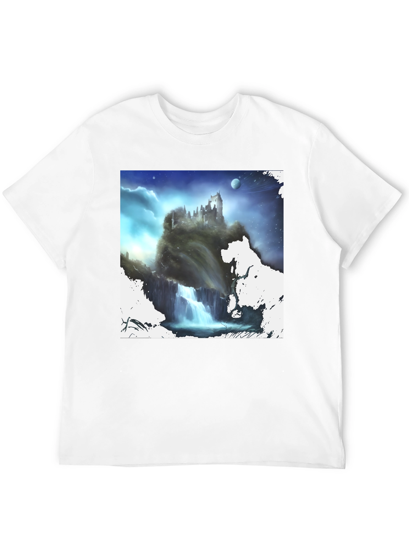 Black Fantasy Castle Waterfall Graphic Black T-Shirt view 12