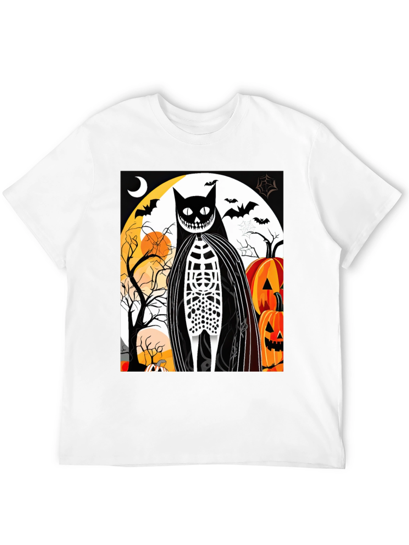 Black Halloween Cat Skeleton Graphic T-Shirt view 12