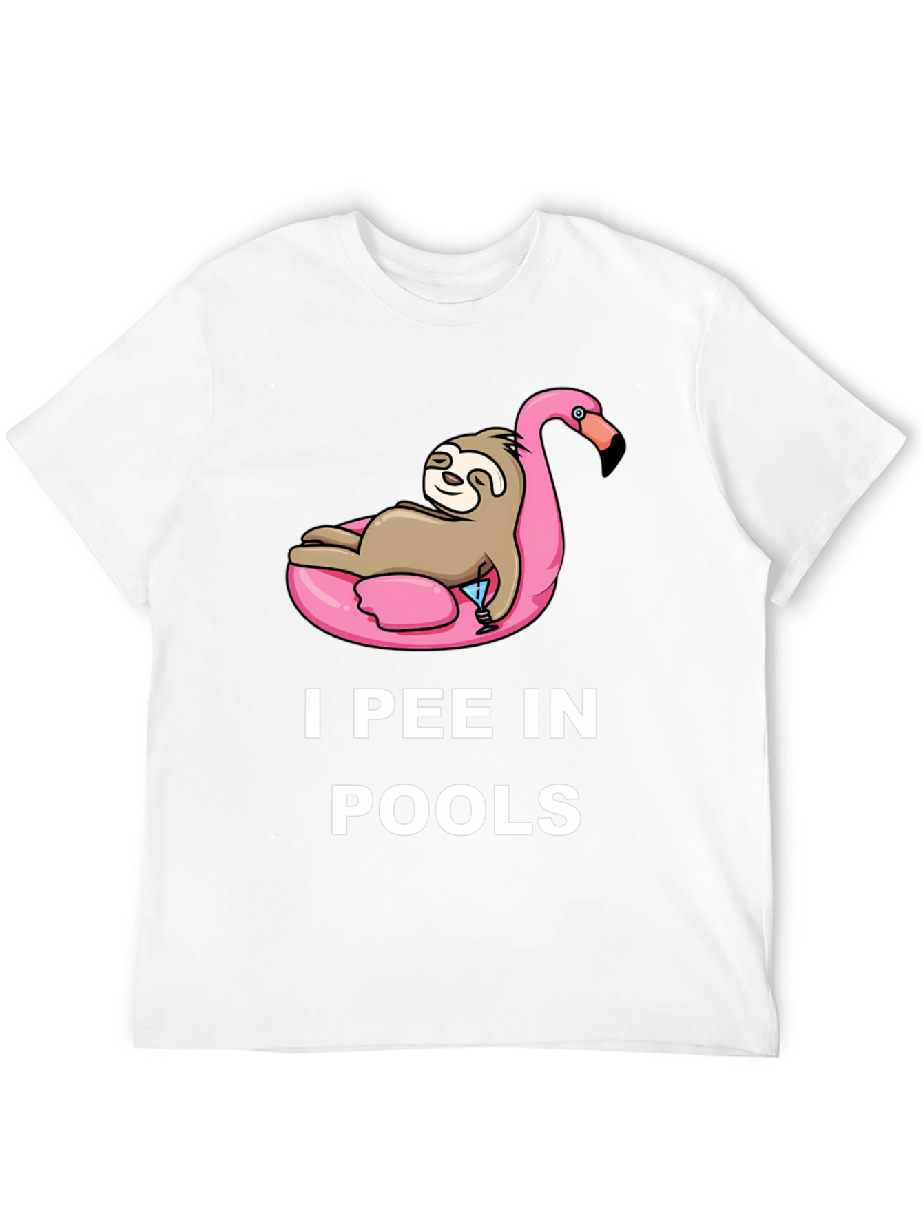 Black Sloth on Flamingo Pool Float T-Shirt - I Pee in Pools view 12