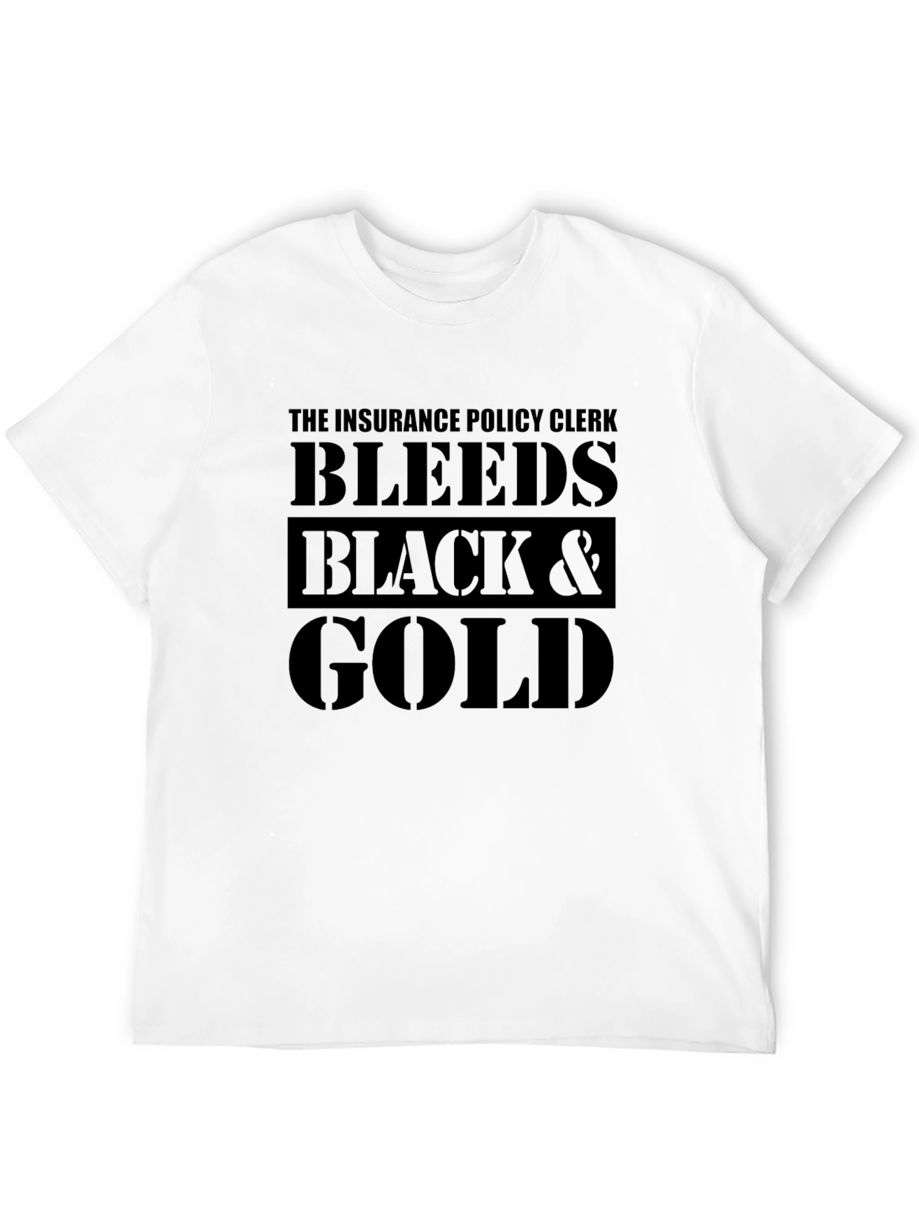 Black Insurance Policy Clerk Bleeds Black & Gold T-Shirt view 12