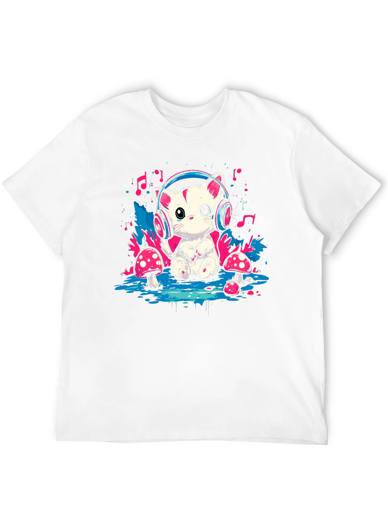 Black Cute Cat in Headphones Graphic T-Shirt view 12