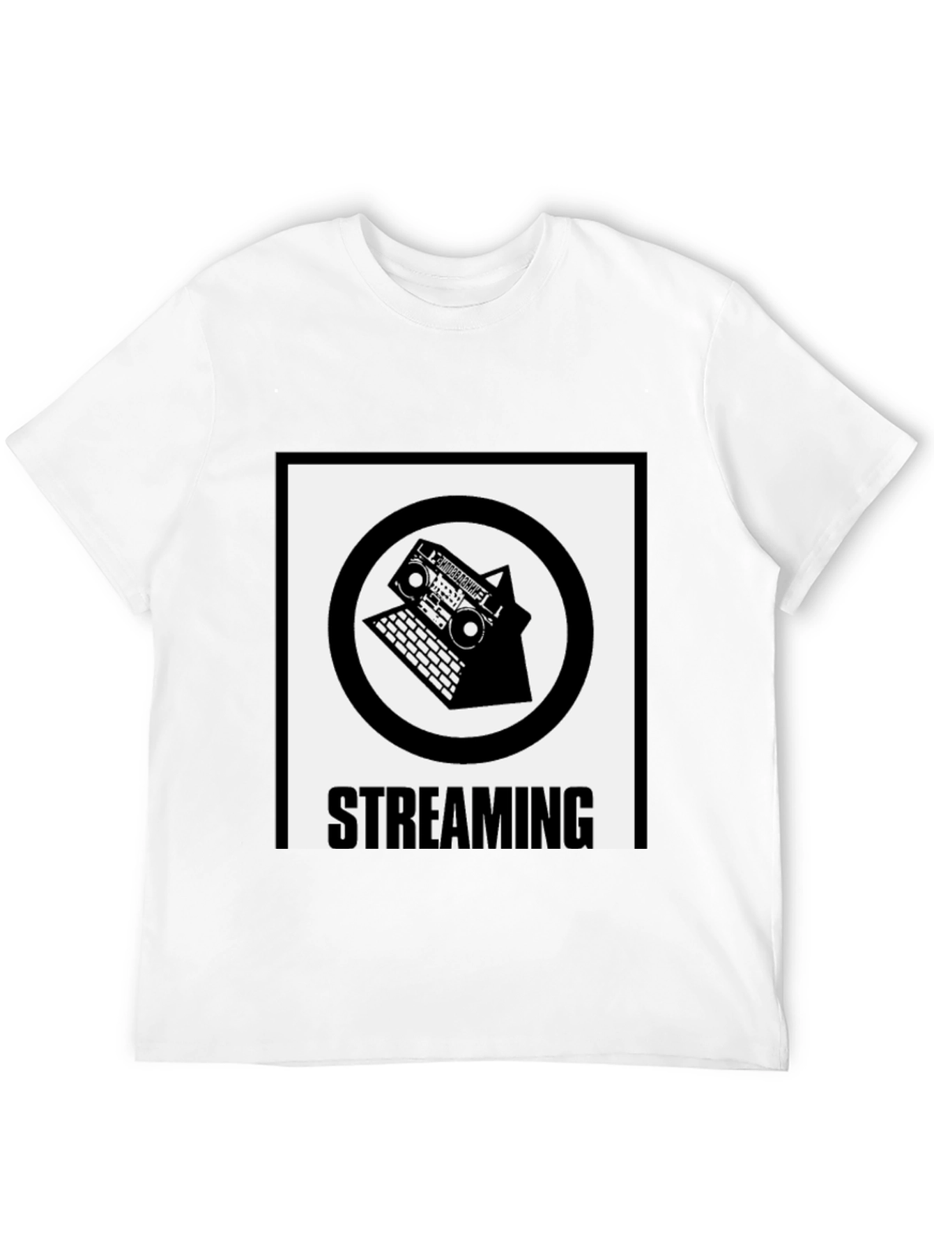 Black Streaming T-Shirt: Boombox & Laptop Design view 12