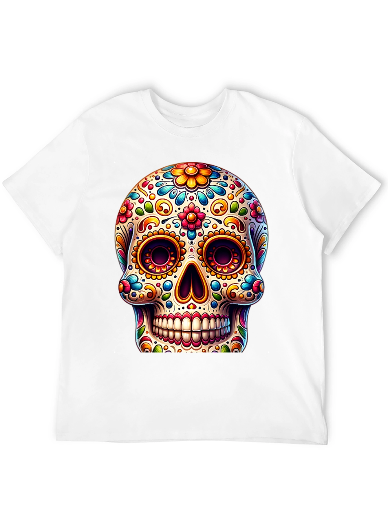 Black Sugar Skull T-Shirt: Colorful Day of the Dead Design view 12