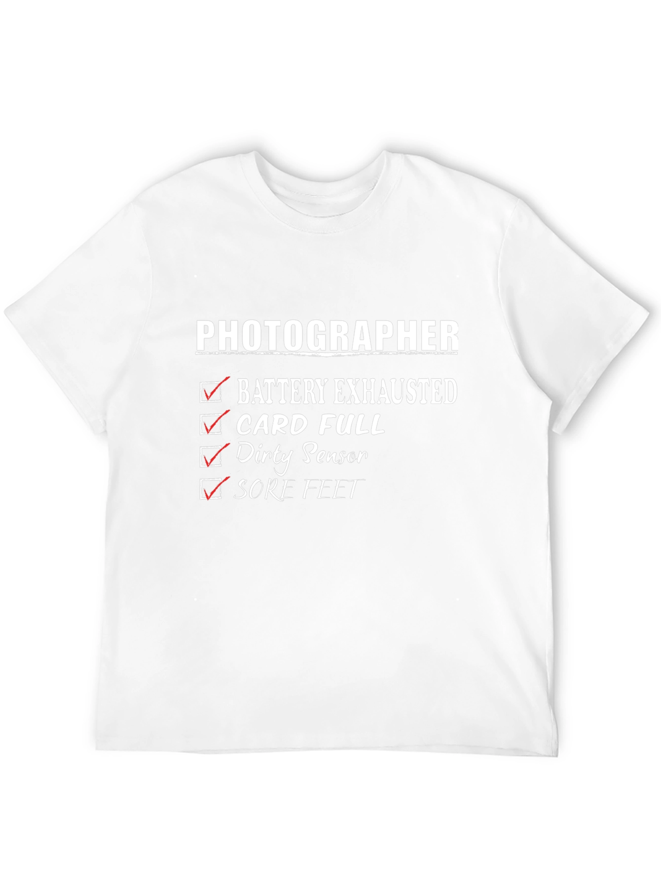 Black Photographer Checklist Graphic T-Shirt - Battery, Card, Sensor, Feet view 12