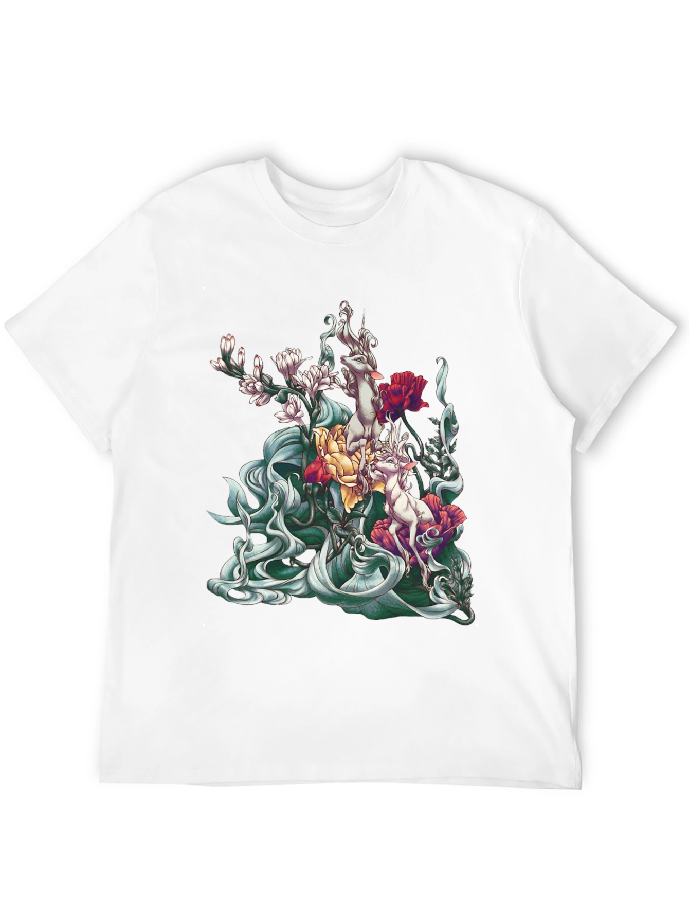 Black Floral Deer Graphic Tee - Unique Black T-Shirt view 12