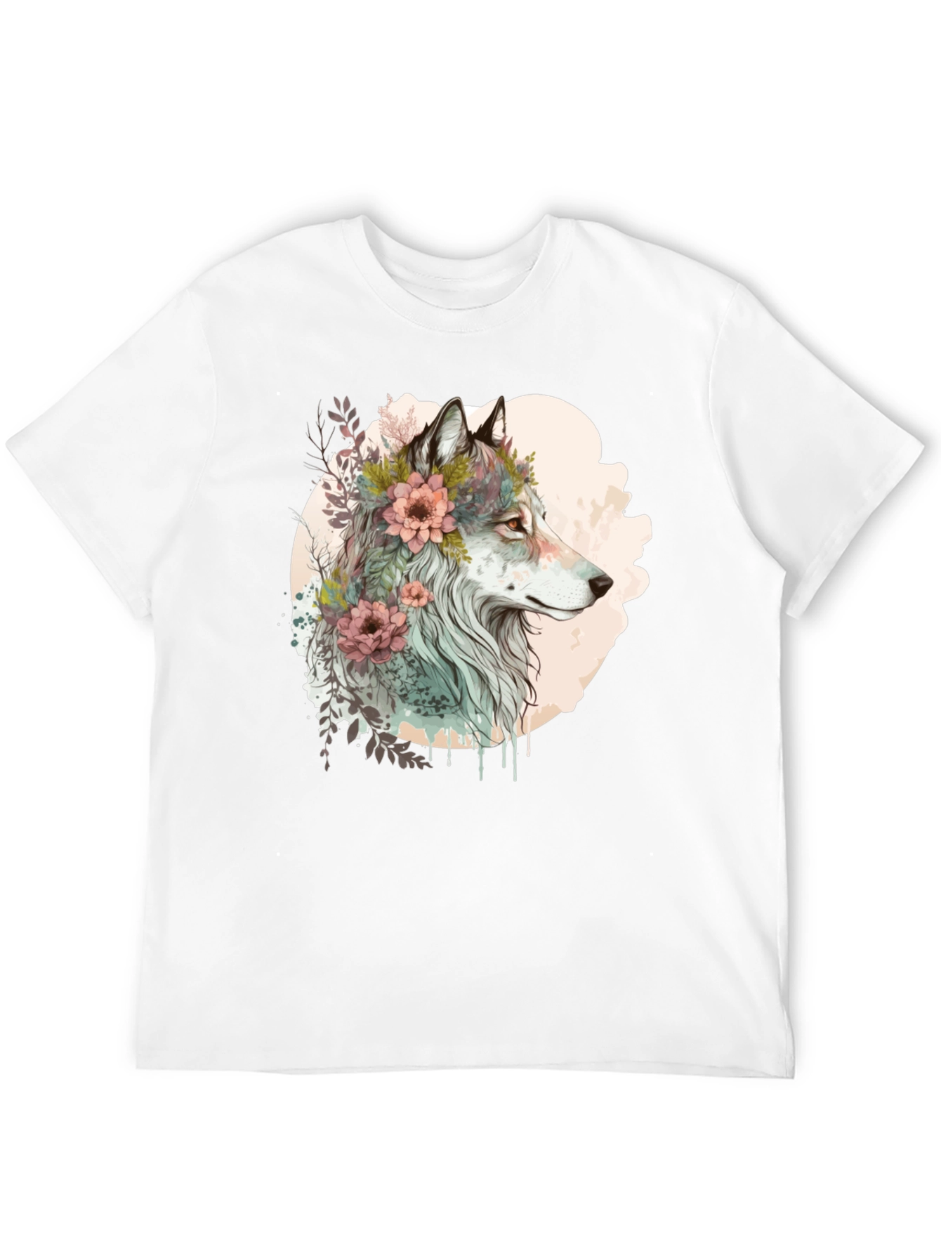 Black Wolf and Floral Graphic Tee - Stylish Men's Black T-Shirt view 12