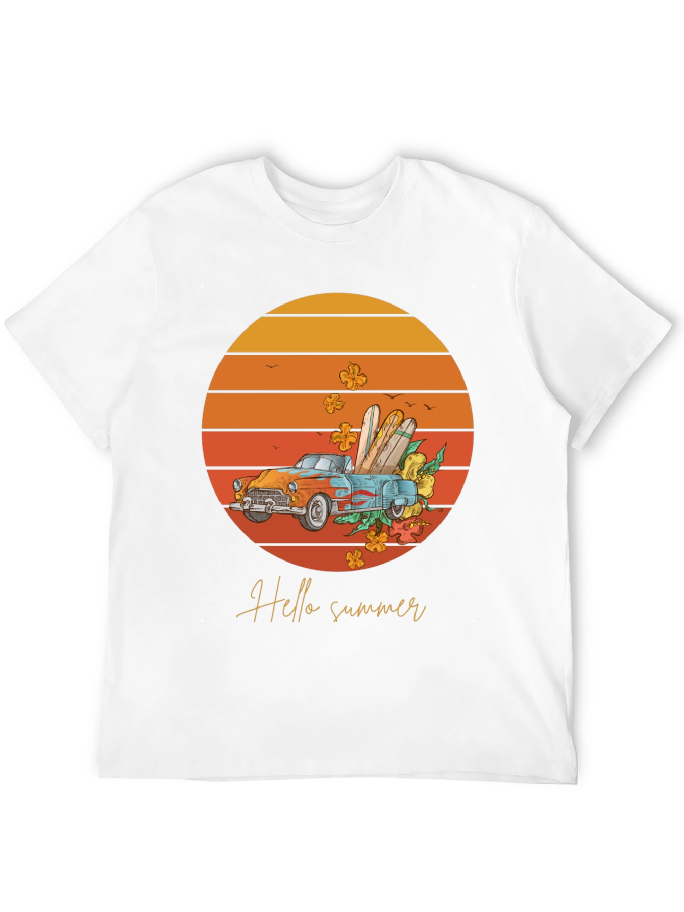 Black Hello Summer T-Shirt - Sunset Car Graphic Tee view 12