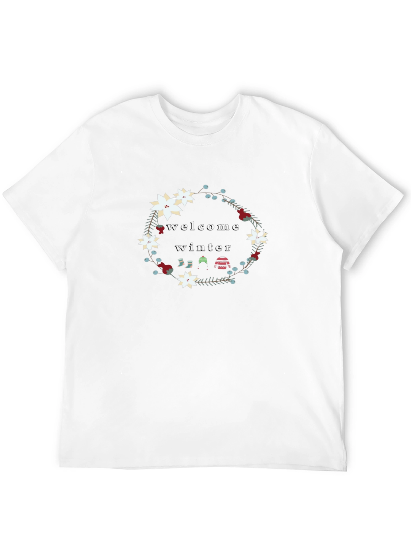 Black Welcome Winter Floral Wreath Black T-Shirt view 12