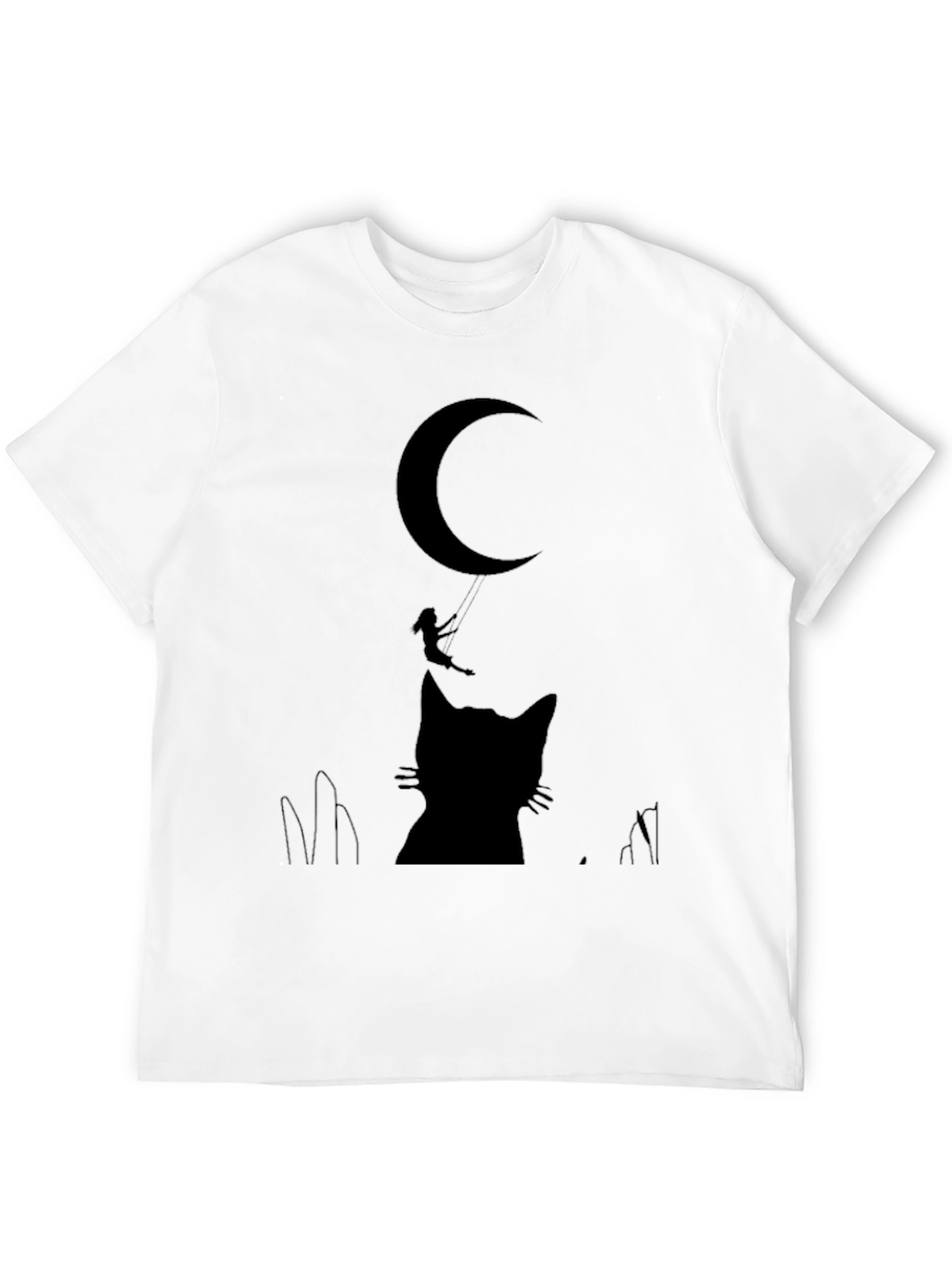 Black Whimsical Cat & Moon Graphic Tee - Black Cotton Blend view 12