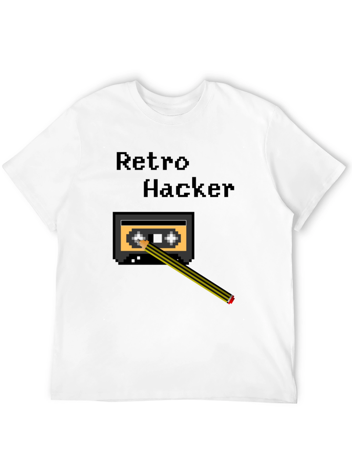Black Retro Hacker Pixel Art T-Shirt - Cassette and Pencil Design view 12