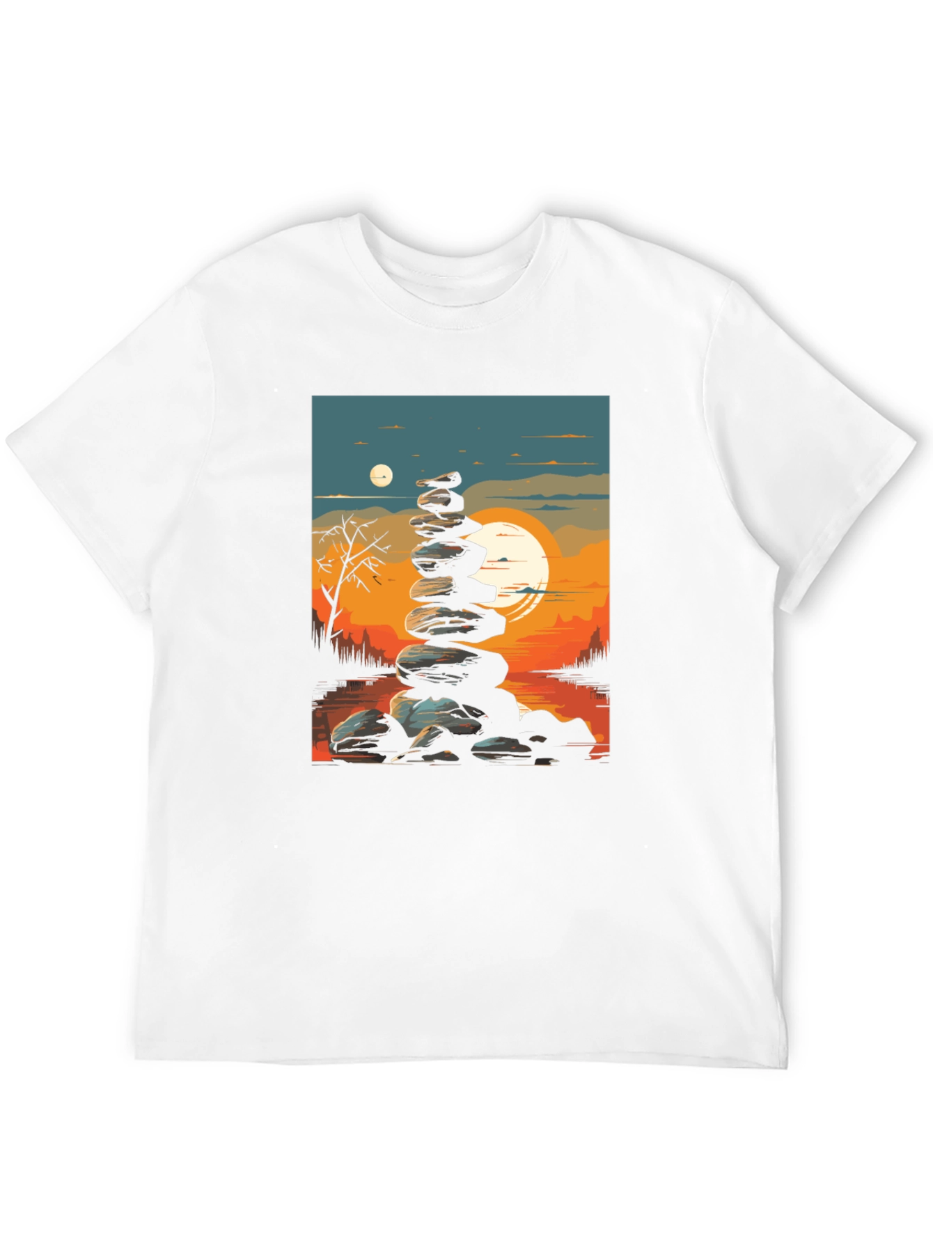 Black Zen Rock Stack T-Shirt - Sunset Landscape view 12