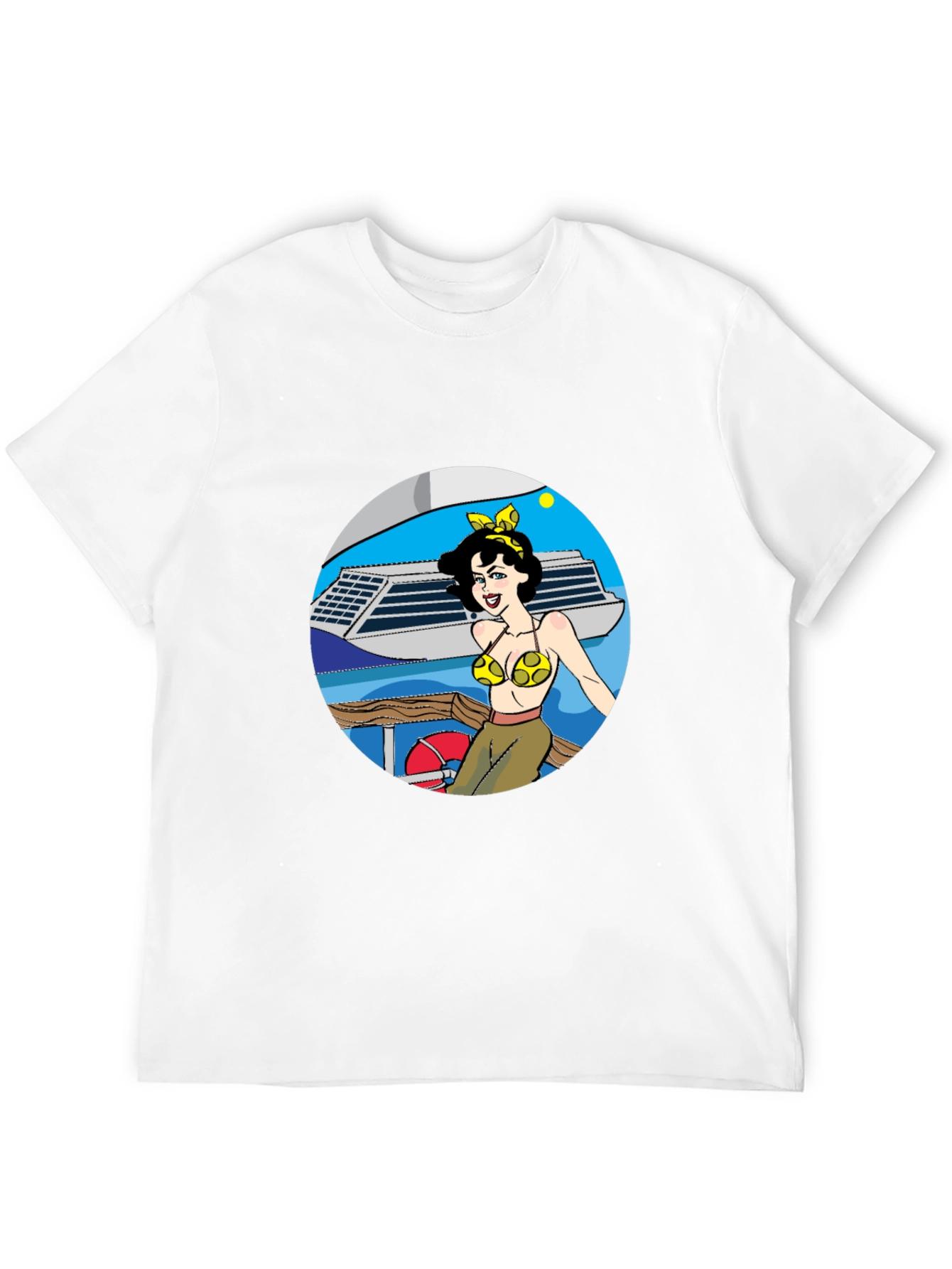 Black Cartoon Woman on Boat Graphic Tee - Black Cotton Blend view 12