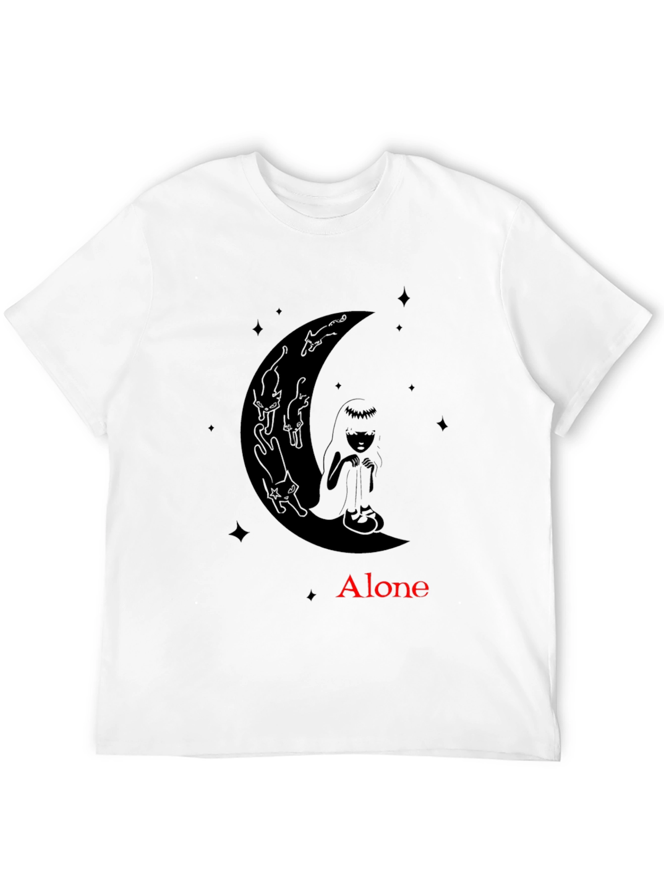 Black Alone Girl & Cats Moon Graphic Tee - Black view 12