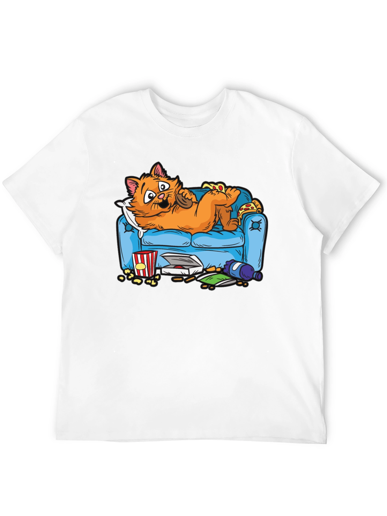 Black Funny Cat on Couch Men's T-Shirt - Pizza & Snacks! view 12