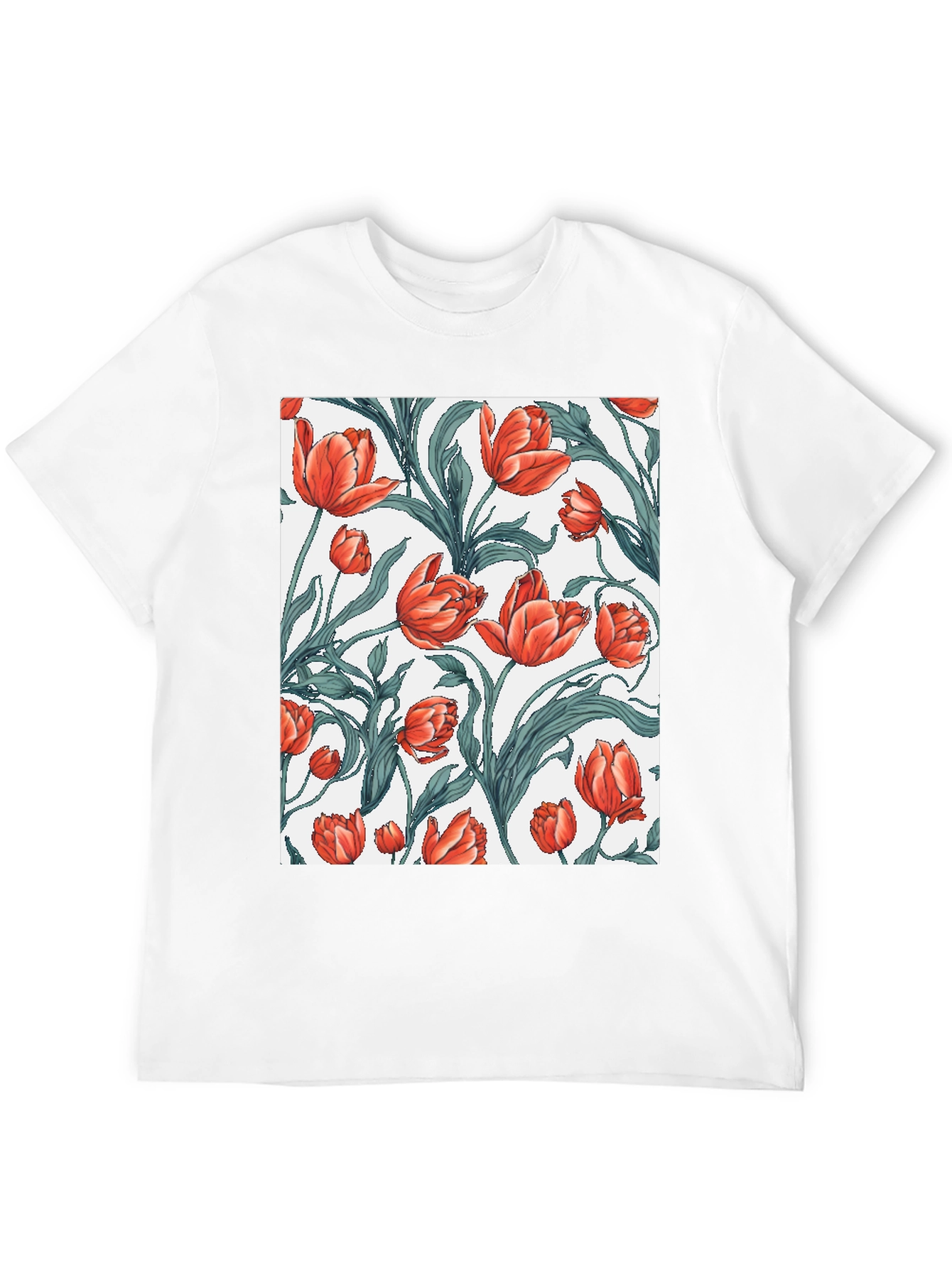 Black Floral Tulip Print Black T-Shirt view 12