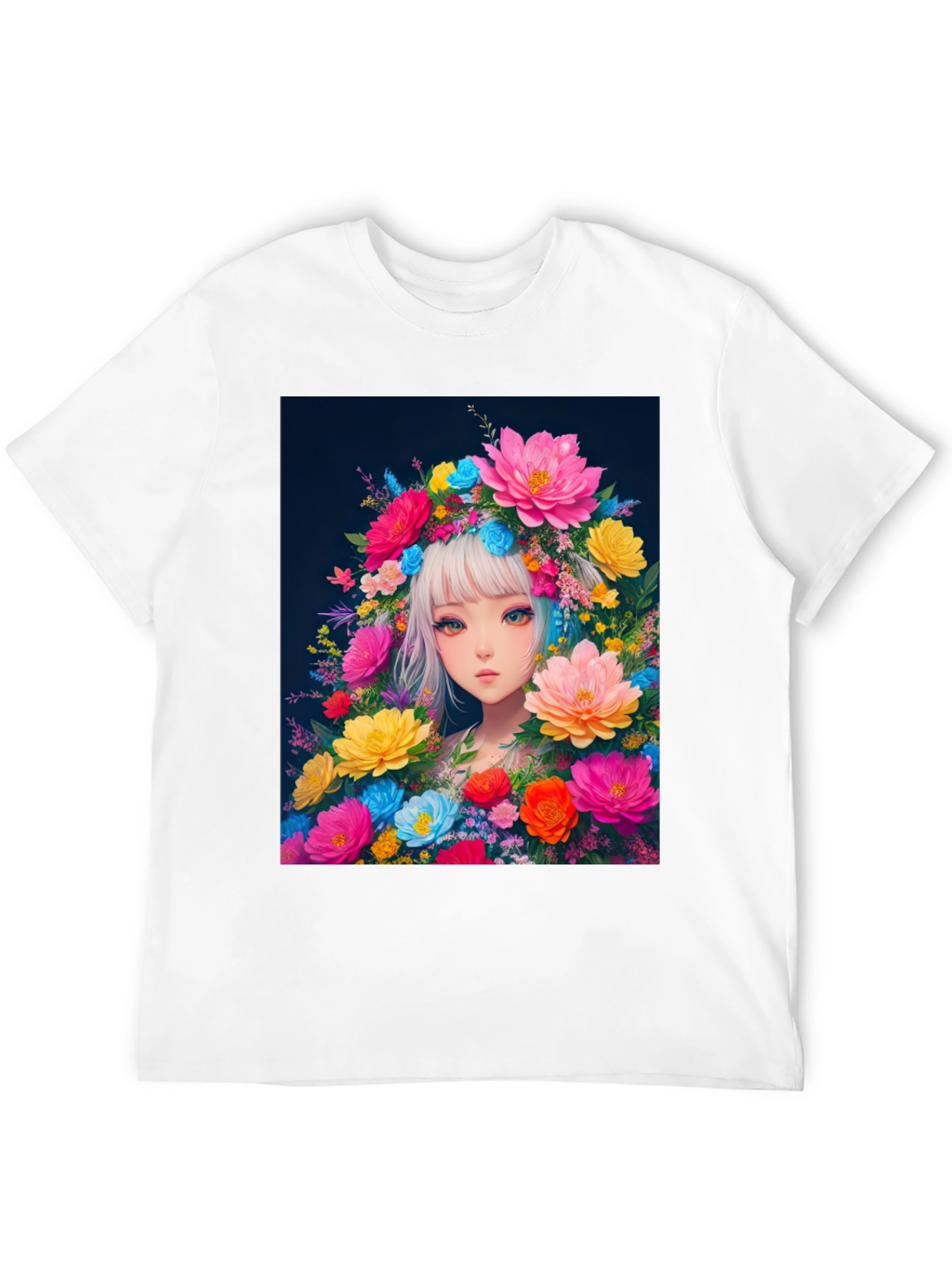 Black Floral Anime Girl Graphic Tee - Black Cotton T-Shirt view 12