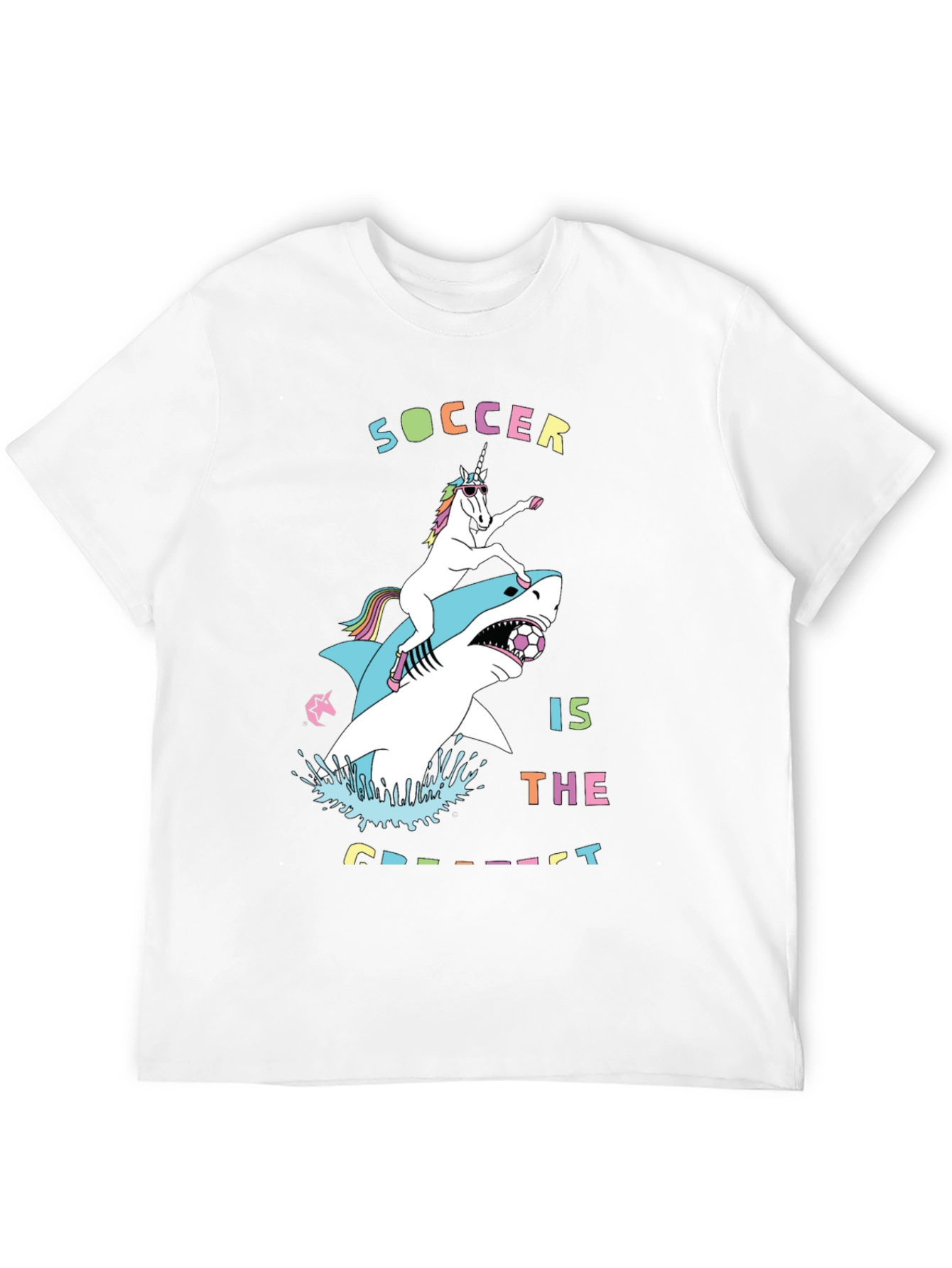 Black Unicorn Riding Shark Soccer T-Shirt view 12