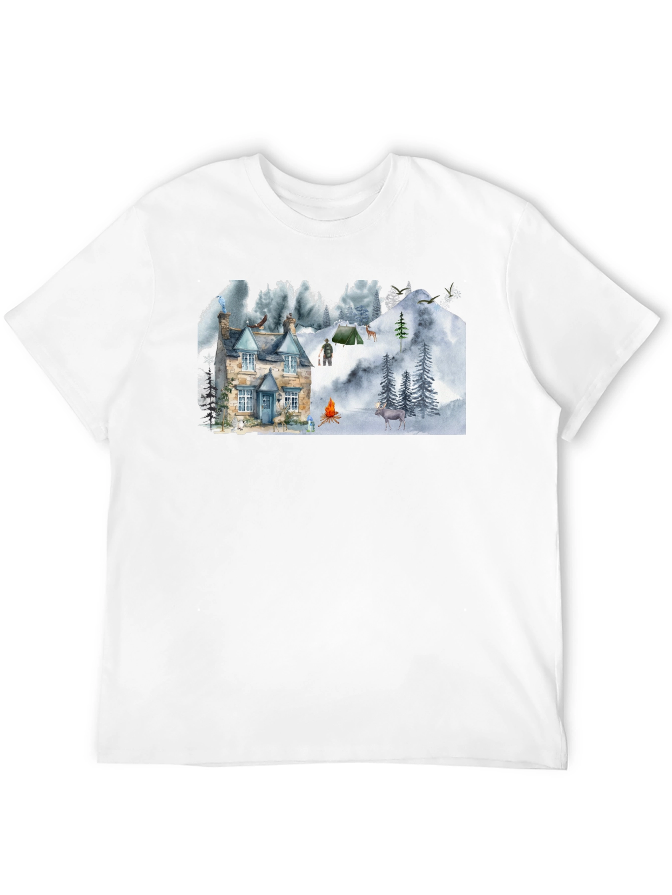 Black Cozy Cabin Mountain Scene Graphic T-Shirt view 12