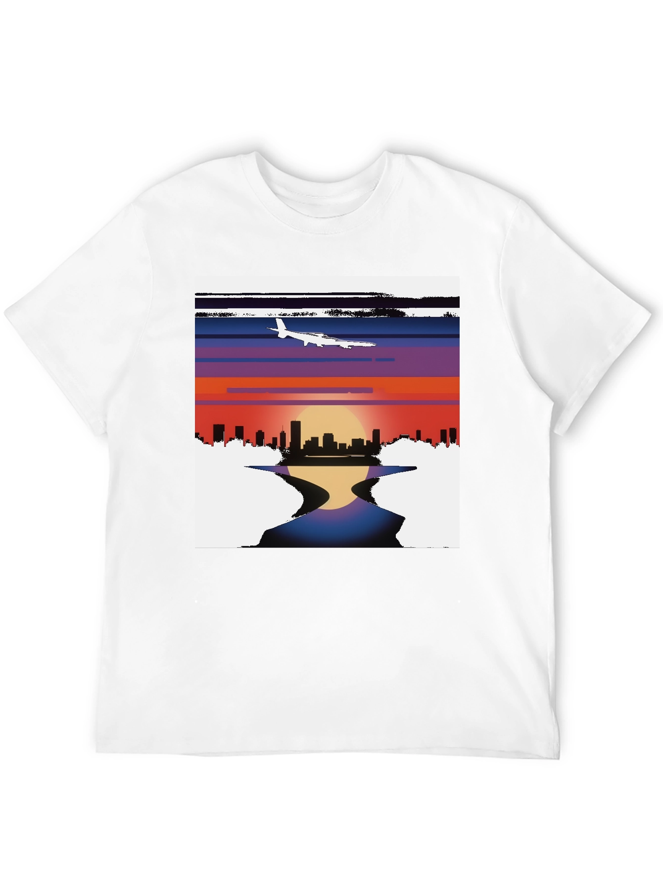 Black Sunset Airplane Cityscape Graphic Tee view 12