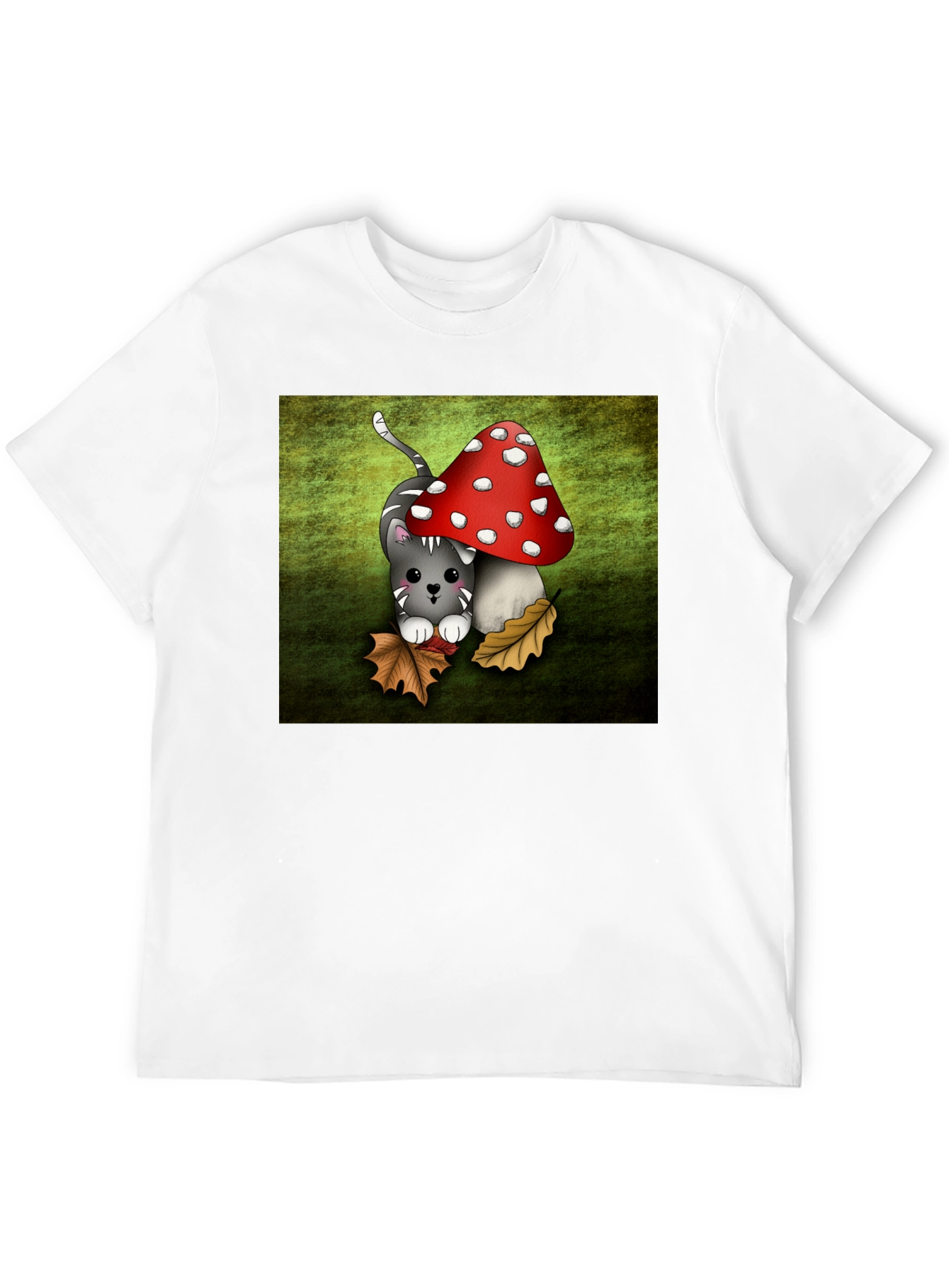 Black Cute Cartoon Cat and Mushroom Graphic T-Shirt view 12