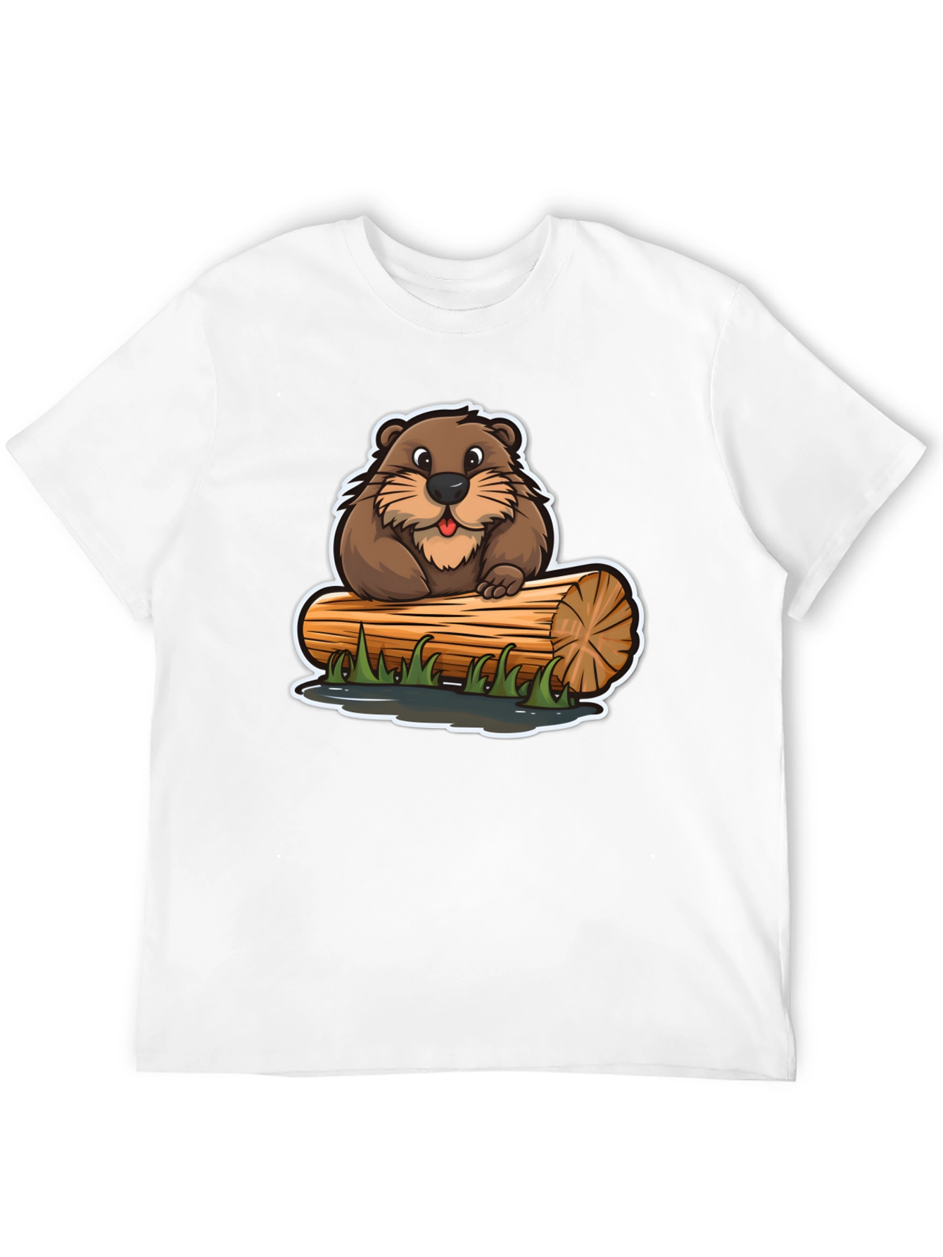 Black Cartoon Beaver on Log T-Shirt view 12