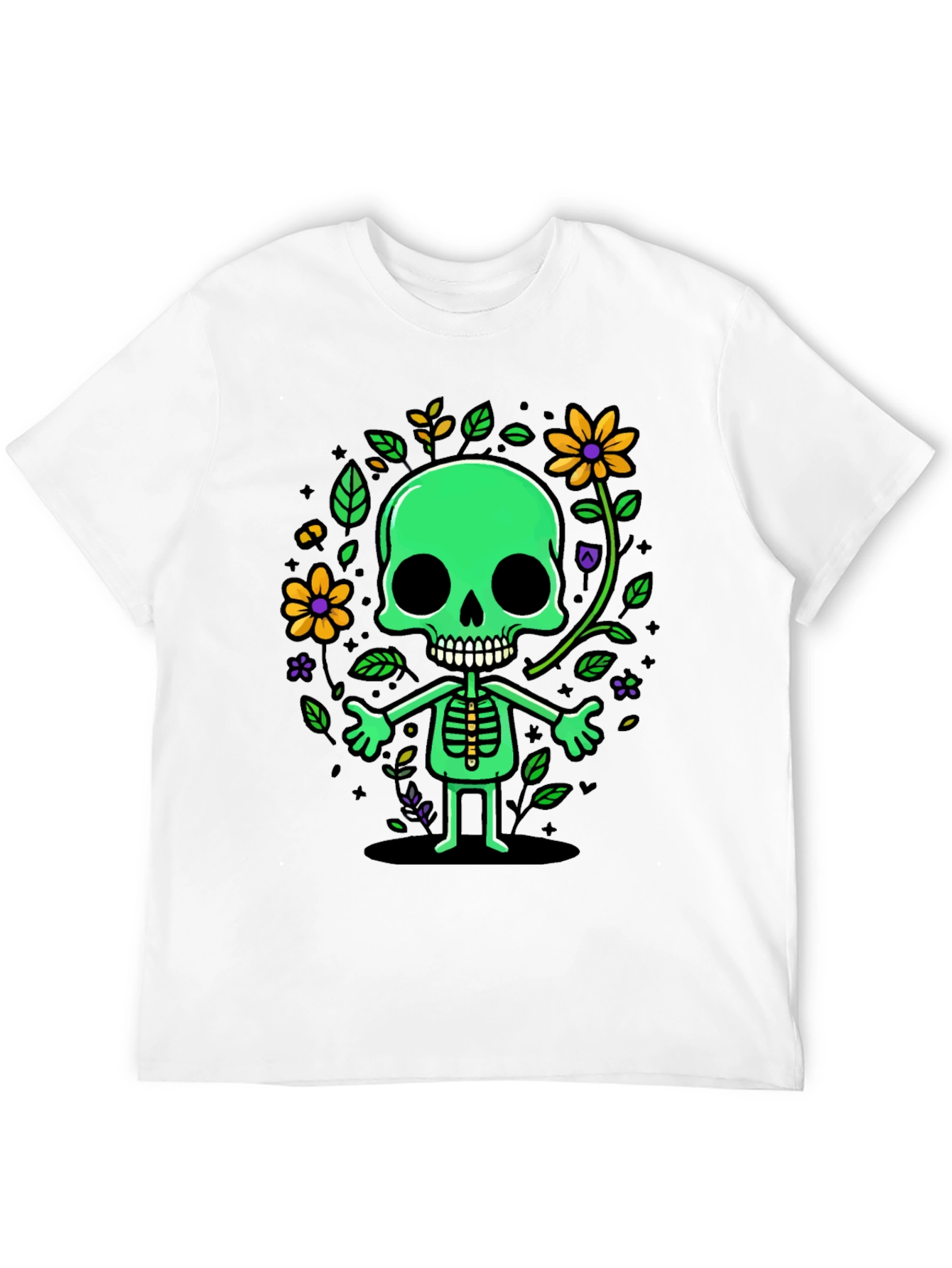 Black Green Floral Skeleton Graphic Tee view 12