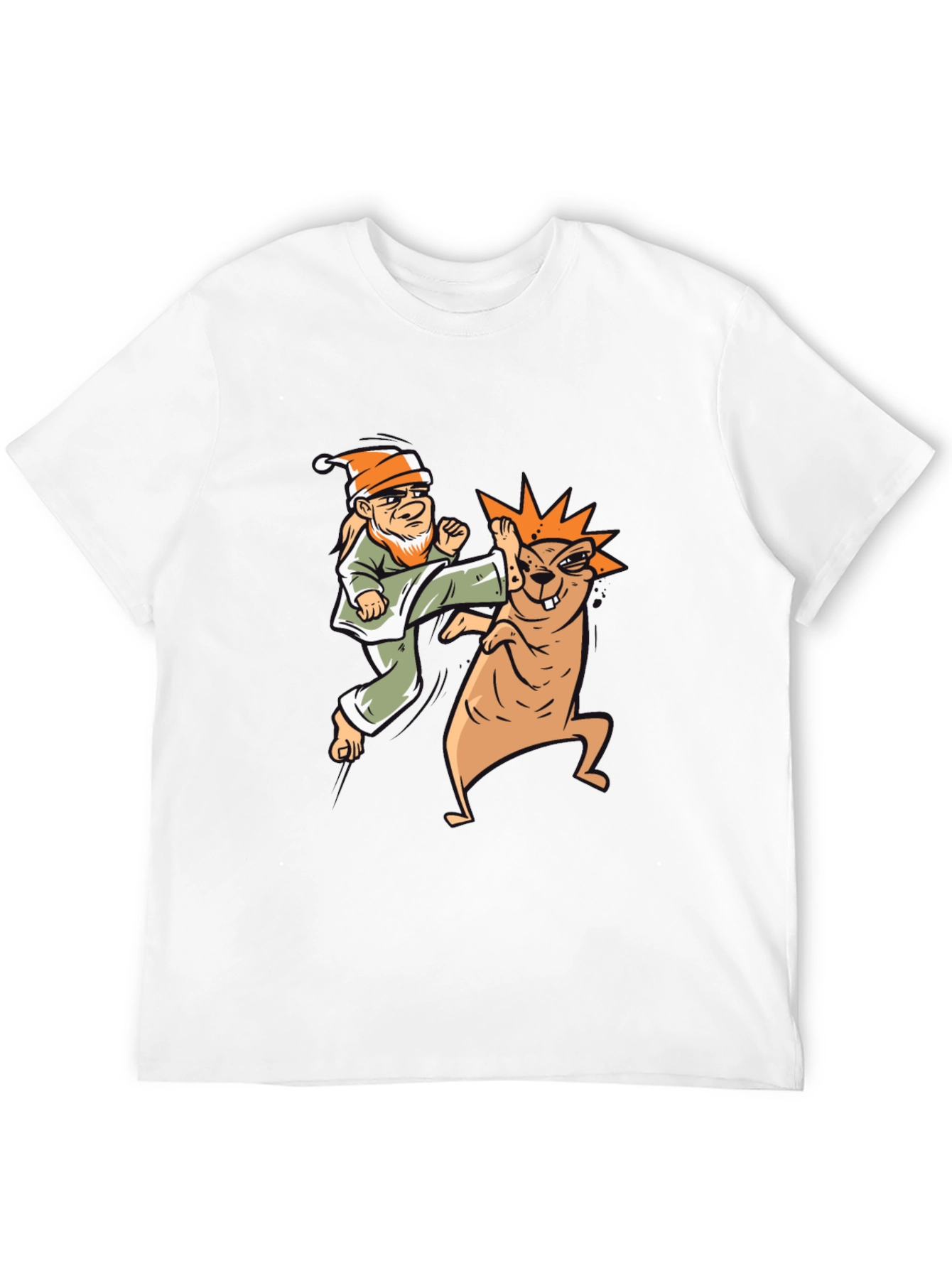 Black Funny Karate Gnome vs. Beaver Graphic T-Shirt view 12
