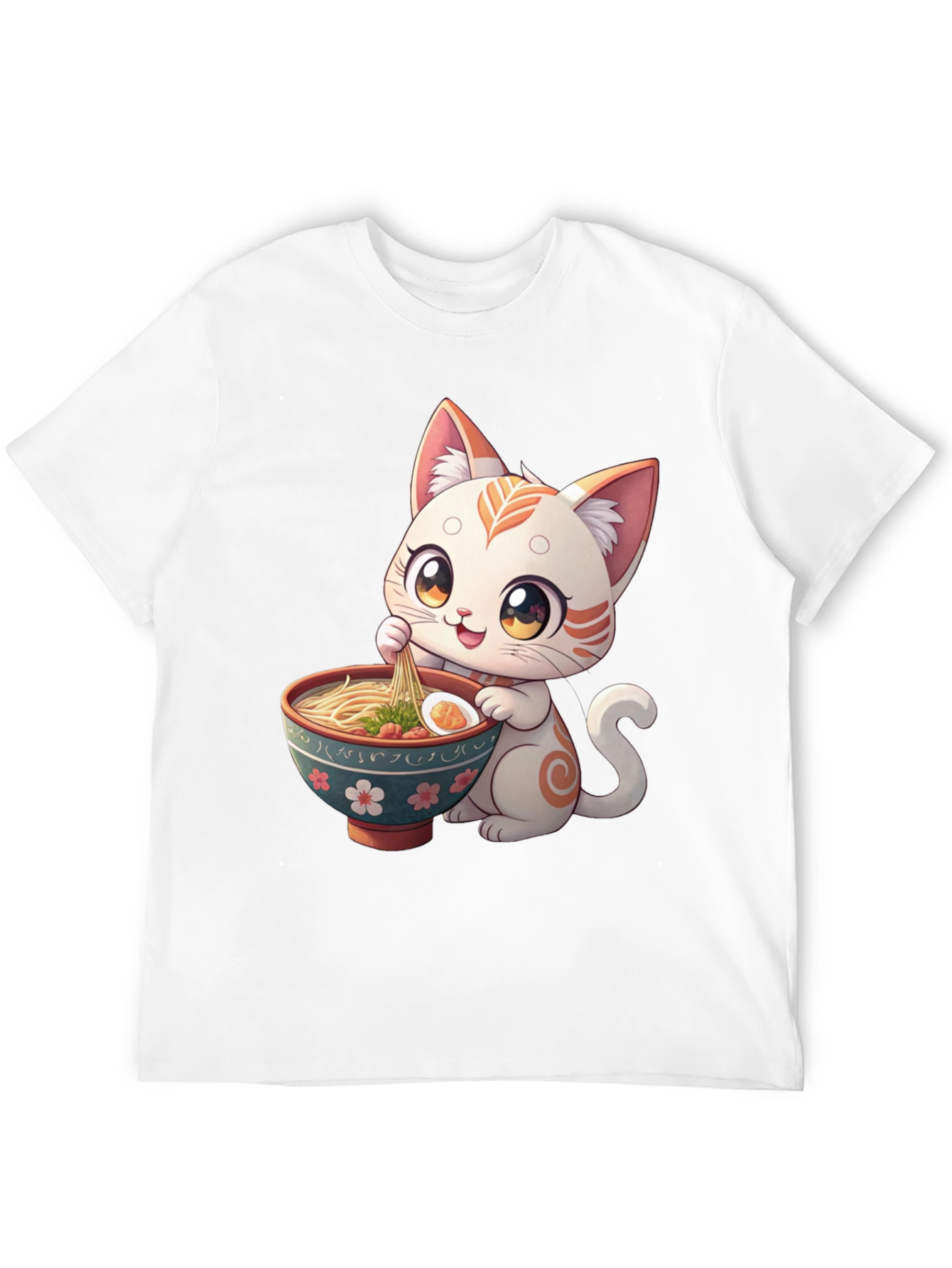 Black Cute Cat Ramen T-Shirt - Kawaii Kitten Eating Noodles Tee view 12