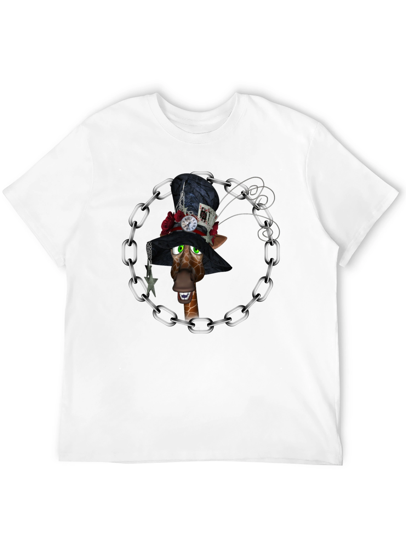 Giraffe Mad Hatter T-Shirt, Black Cotton Tee - 12