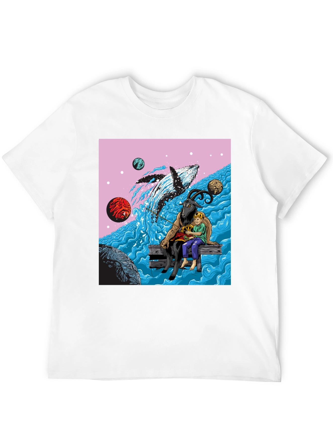 Black Whimsical Goat, Boy, and Whale Graphic Tee view 12