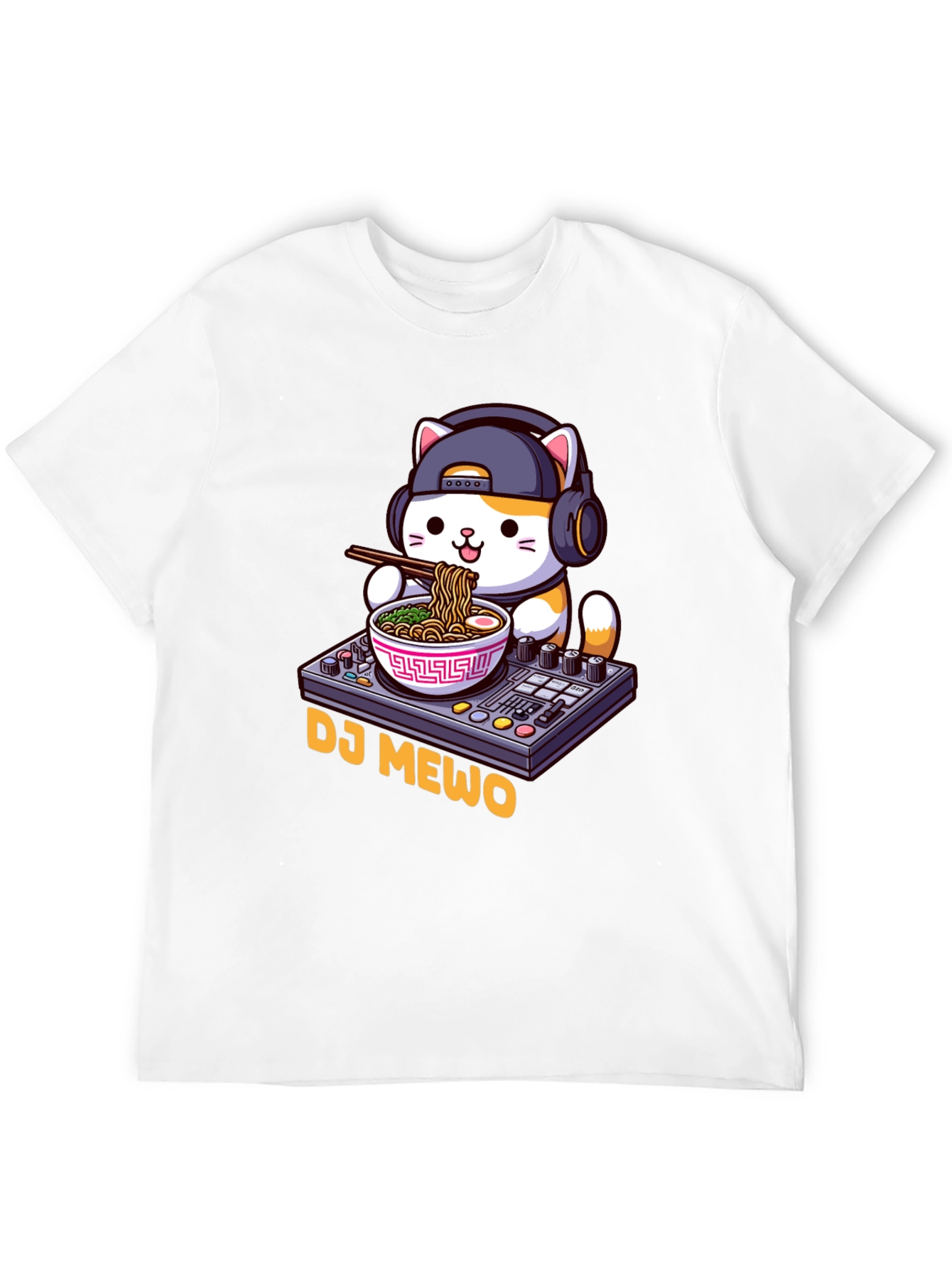 Black DJ MEWO Black T-Shirt - Cat Ramen DJ Design view 12