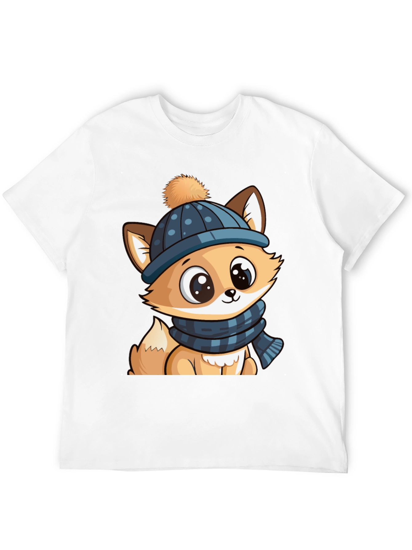 Black Cute Cartoon Fox with Winter Hat Graphic Tee view 12