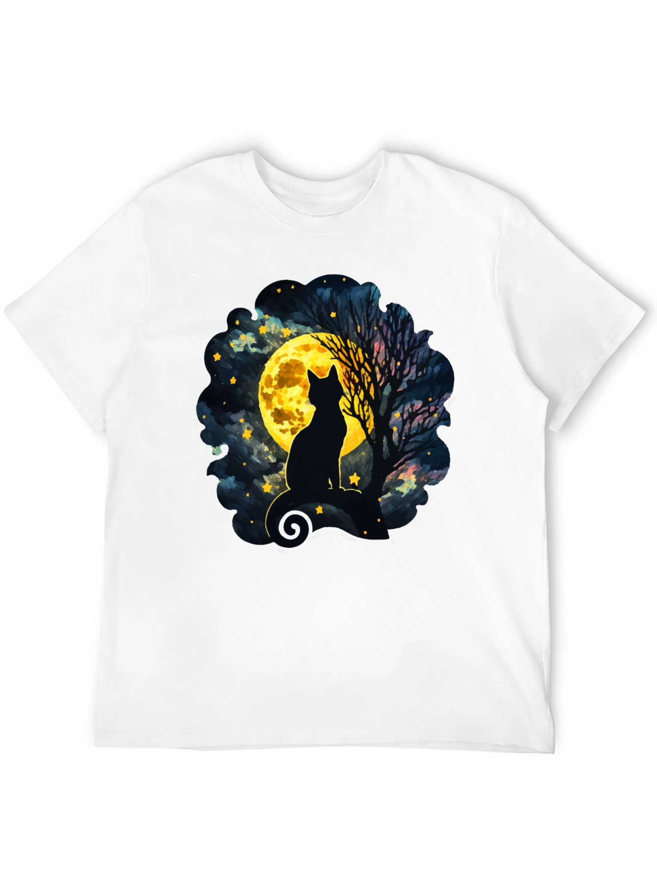 Black Moonlit Cat T-Shirt - Whimsical Night Sky Design view 12