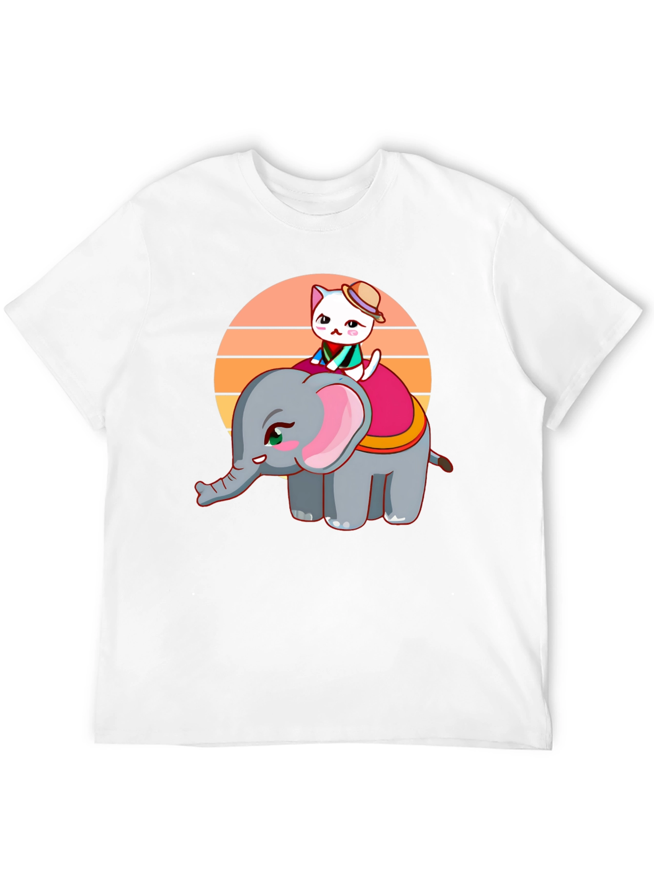 Black Cute Cartoon Elephant and Cat Graphic Tee view 12