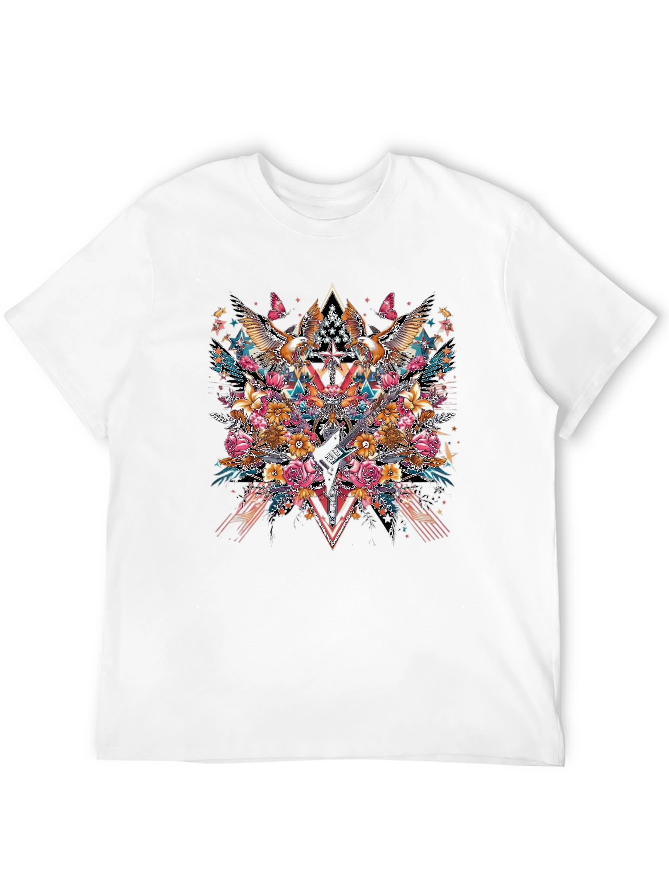 Black Floral Eagle Guitar Graphic Black T-Shirt view 12