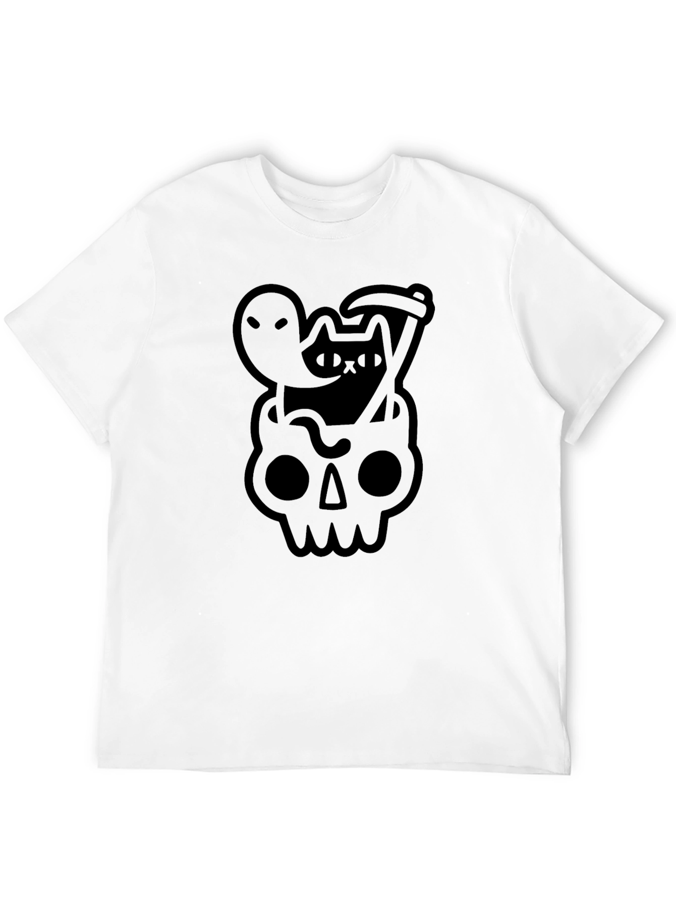 Black Skull Cat Grim Reaper Ghost Graphic Tee - Black view 12