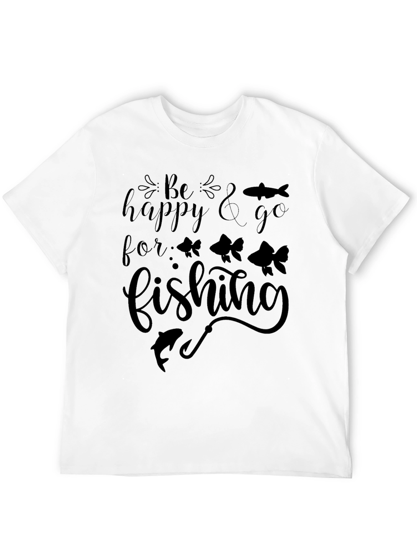 Be Happy & Go Fishing Graphic Tee - Men's Black Cotton T-Shirt - 12