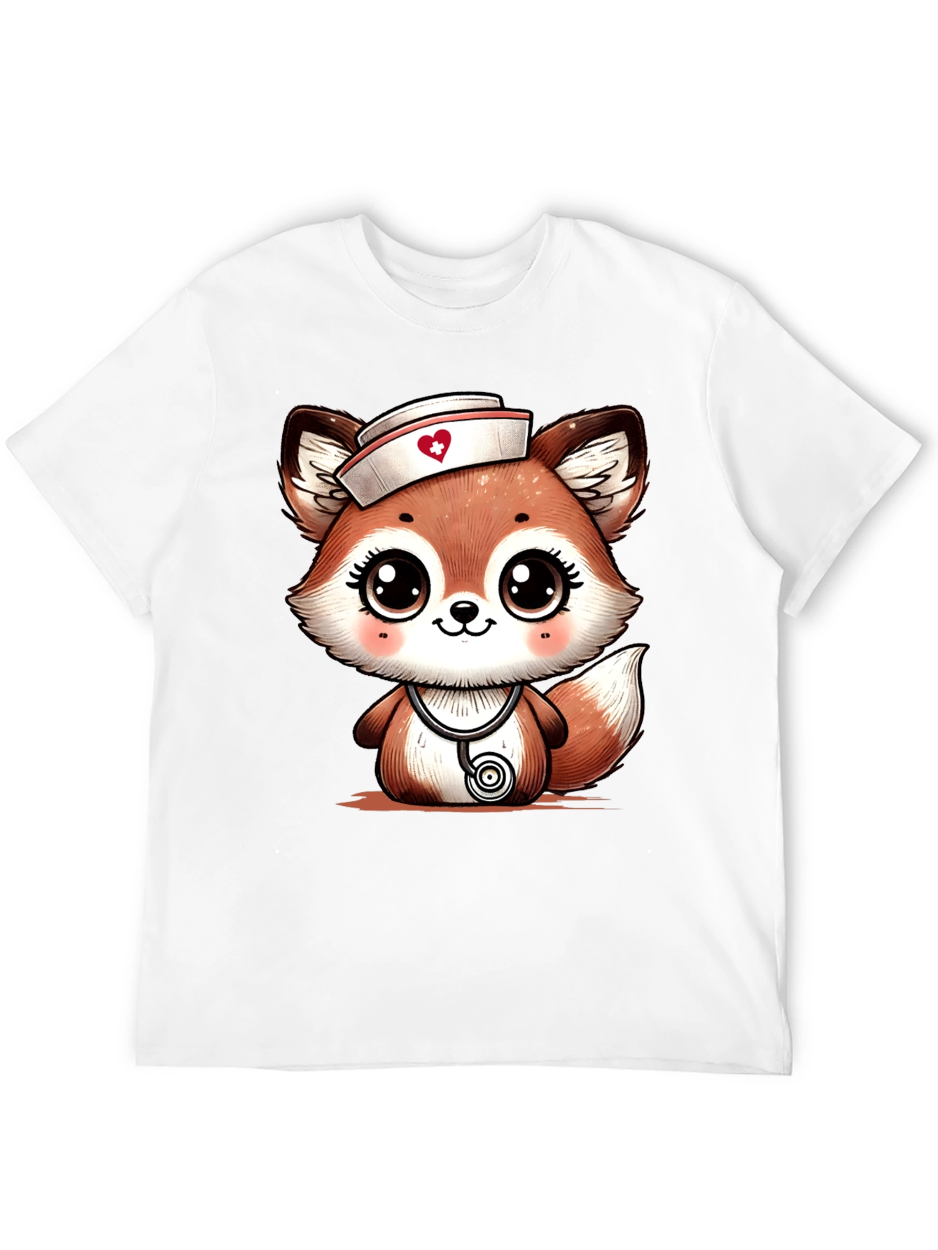 Black Cute Fox Nurse T-Shirt - Cartoon Animal Tee view 12