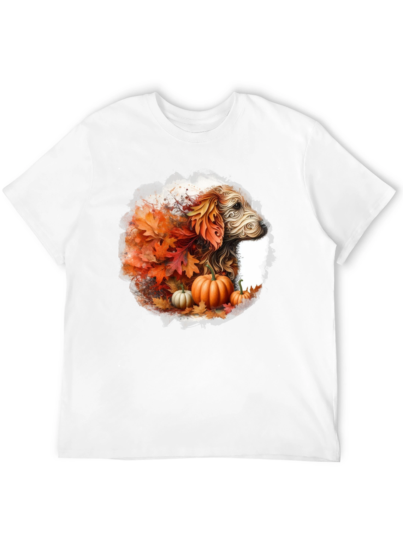 Black Fall Dog T-Shirt: Autumn Leaves & Pumpkin Design view 12