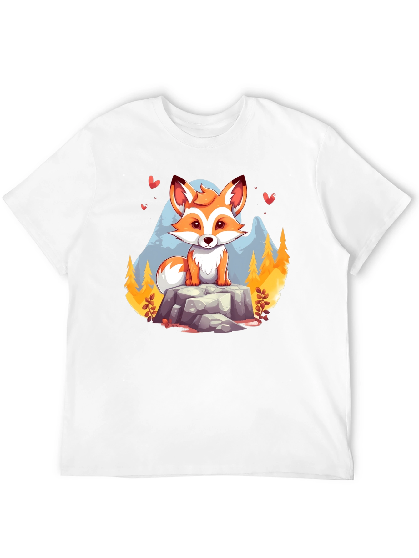 Black Cute Cartoon Fox on Rock Graphic Tee - Unisex Black T-Shirt view 12