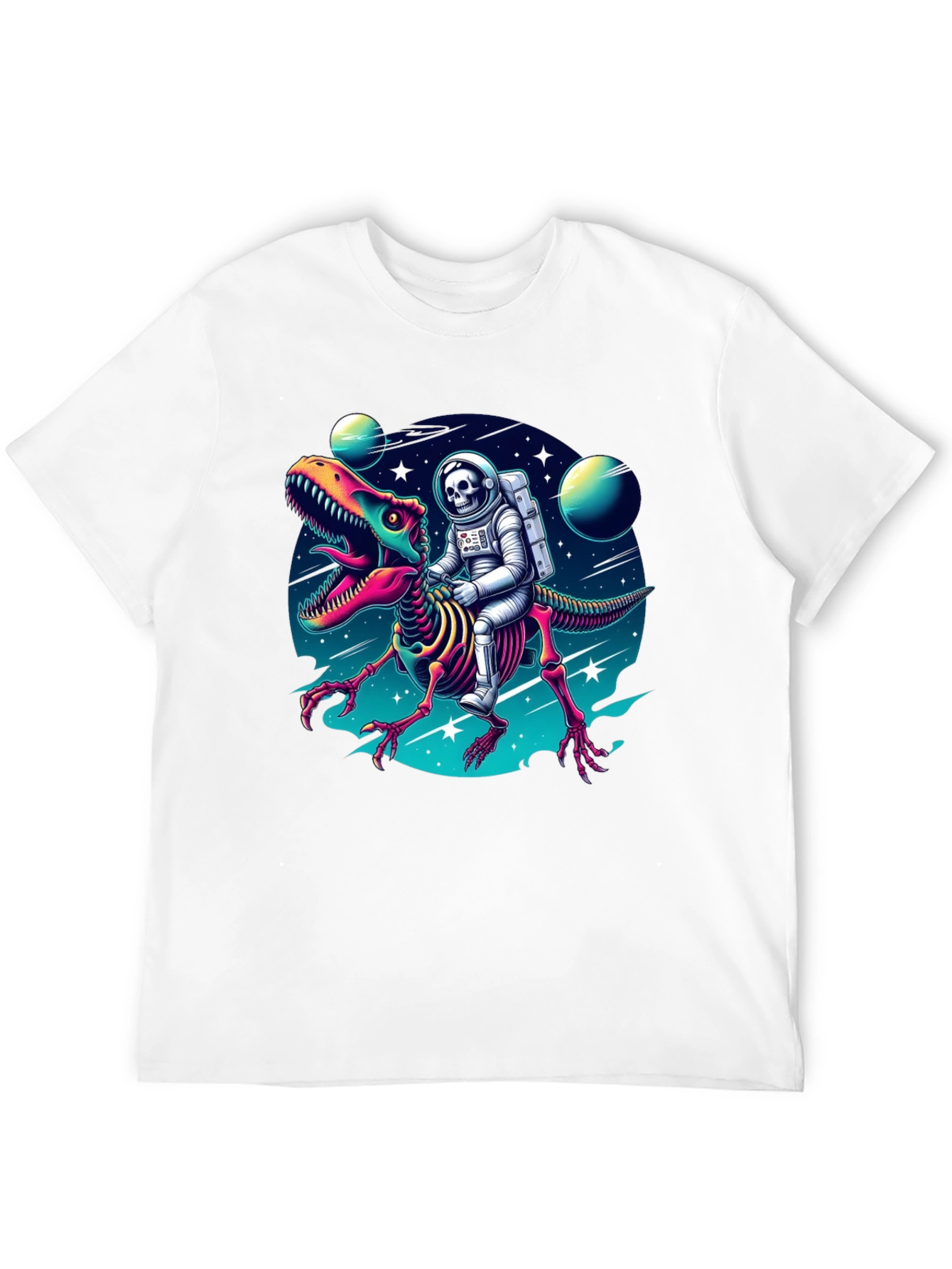 Black Astronaut Skeleton Riding Dinosaur Graphic Tee view 12