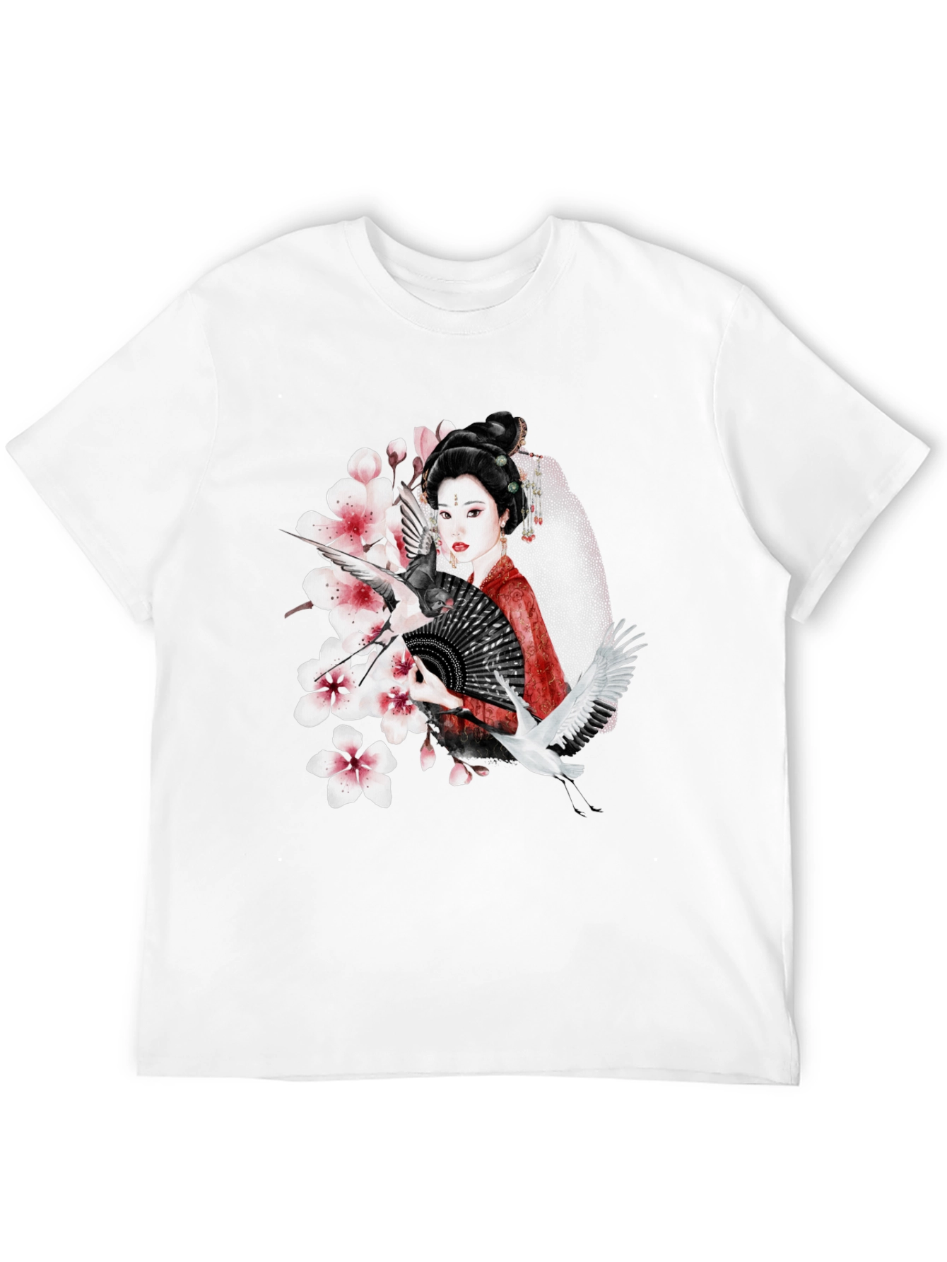 Black Asian Geisha Crane T-Shirt - Stylish Graphic Tee view 12